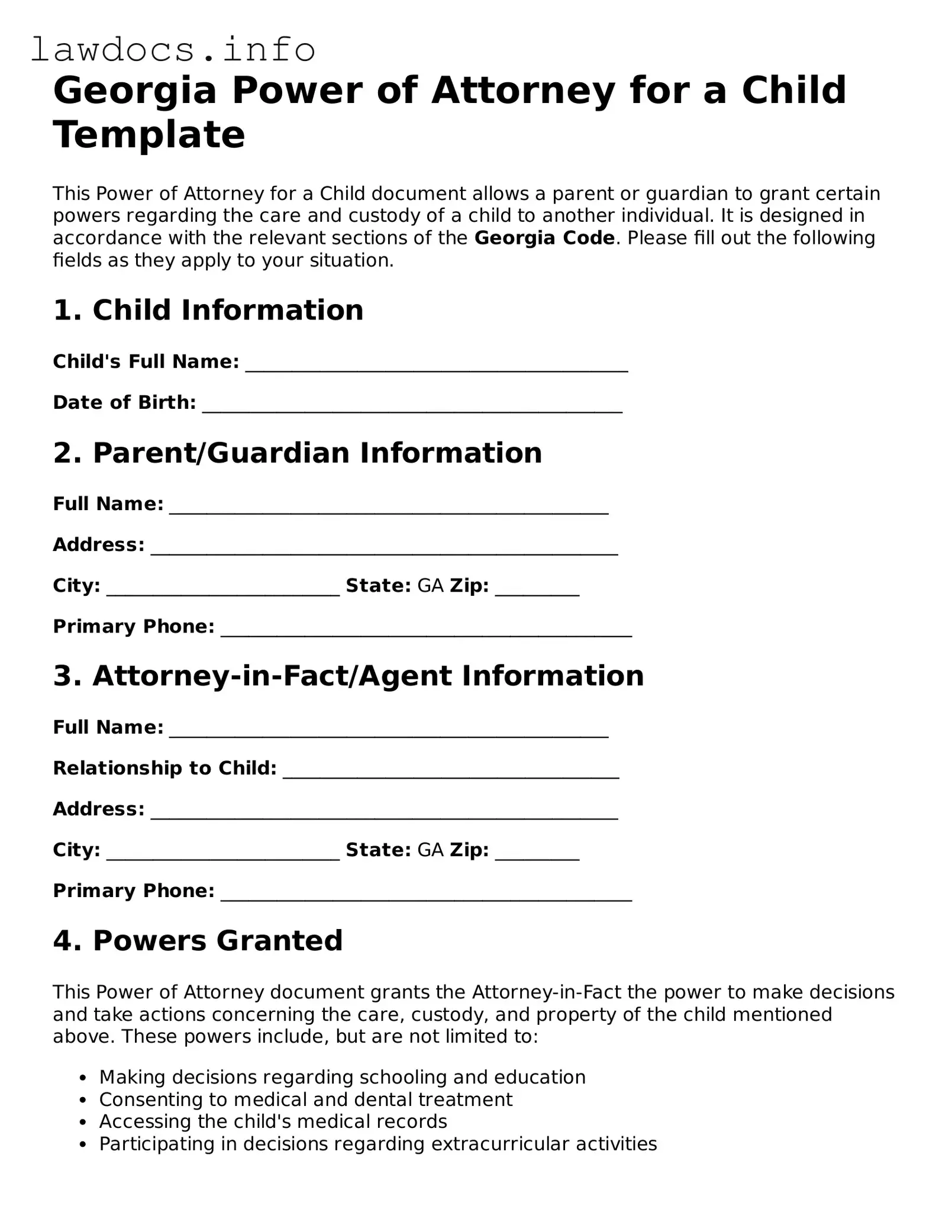 Blank Power of Attorney for a Child Template for the State of Georgia