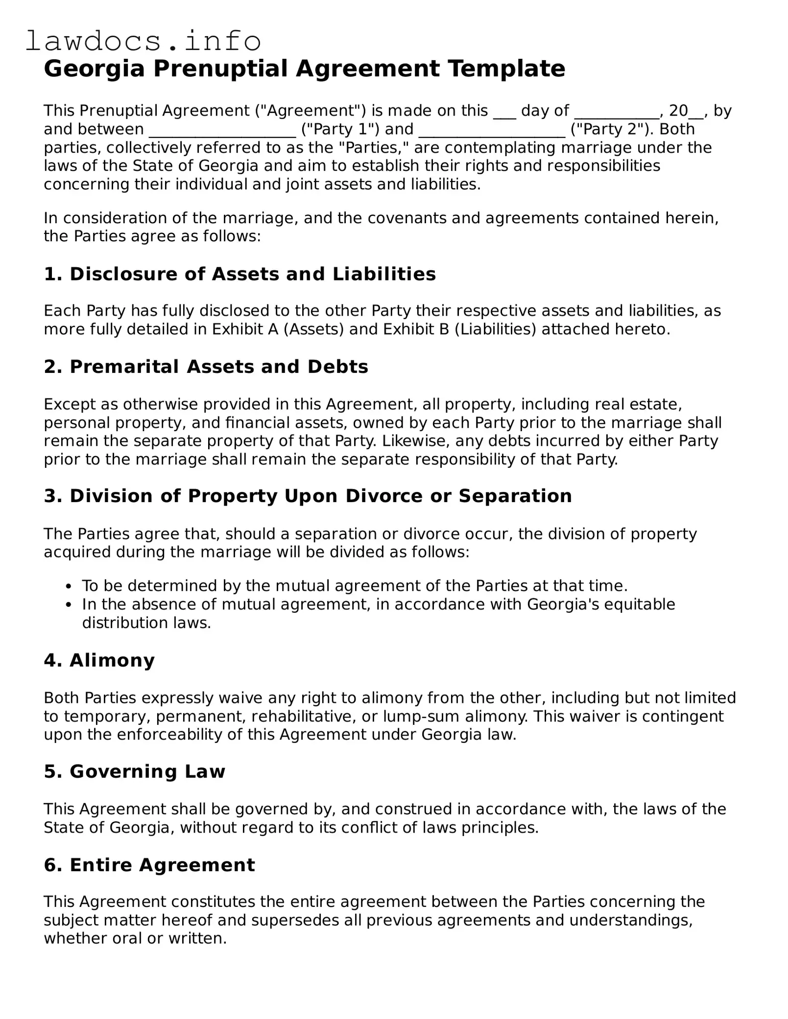 Blank Prenuptial Agreement Template for the State of Georgia