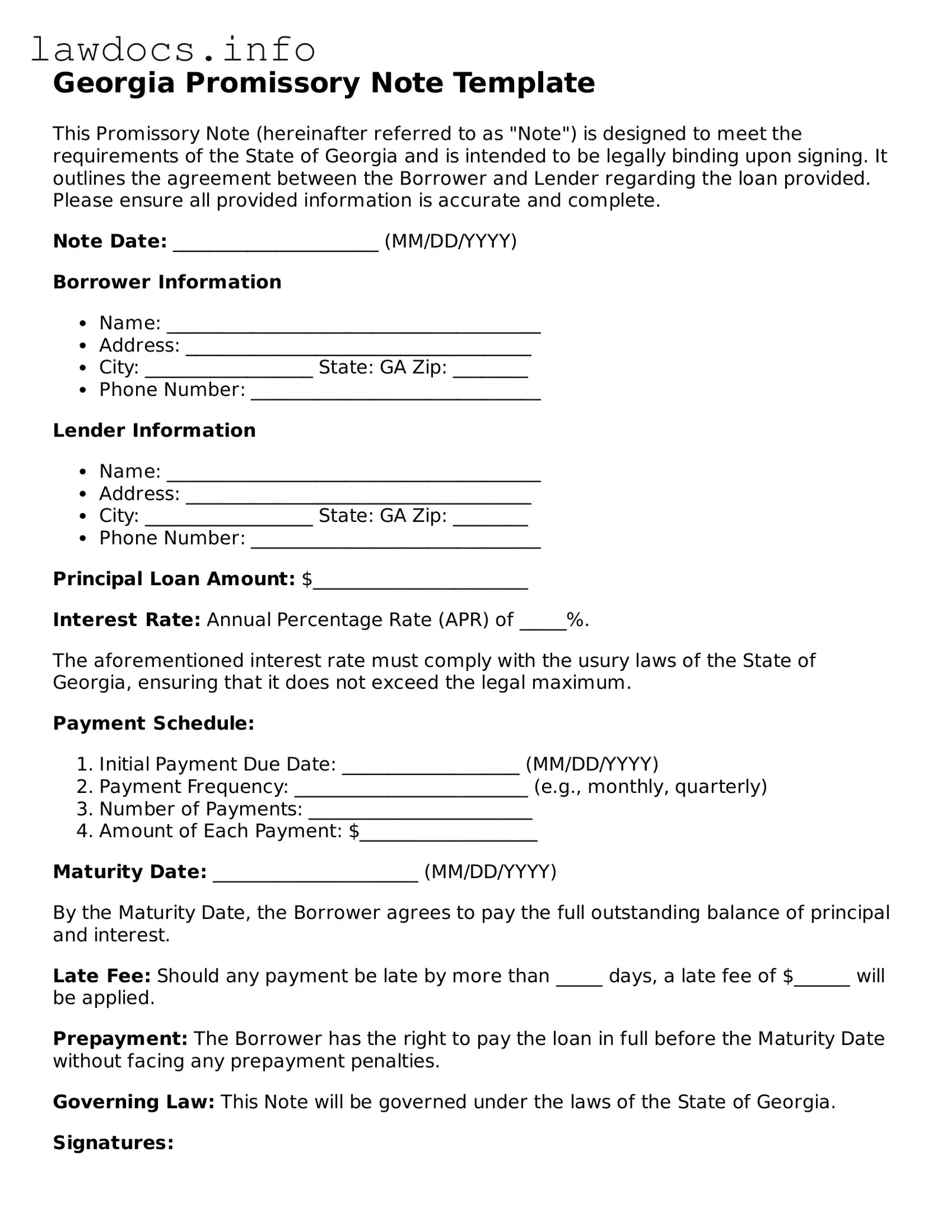 Blank Promissory Note Template for the State of Georgia