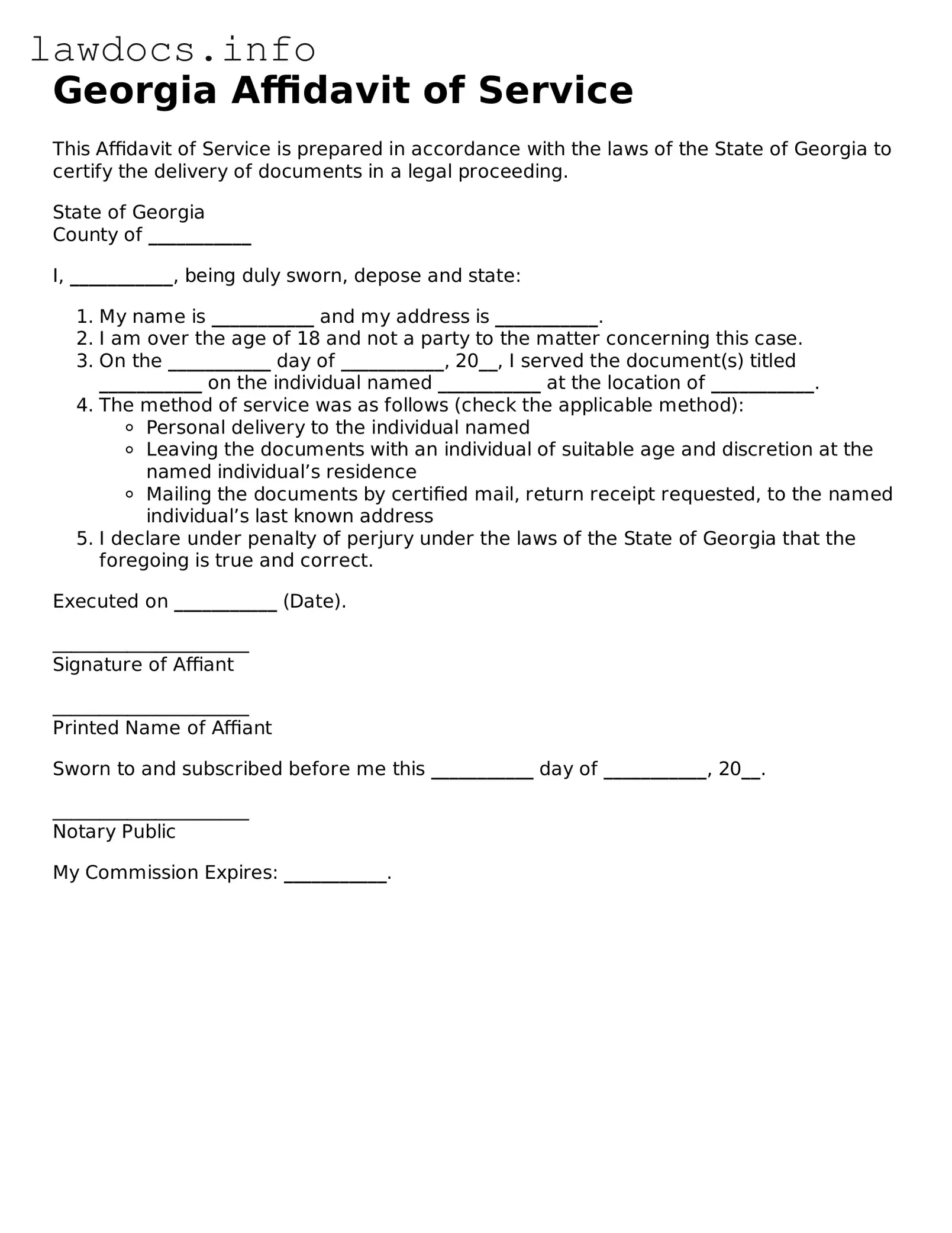 Blank Affidavit of Service Template for the State of Georgia