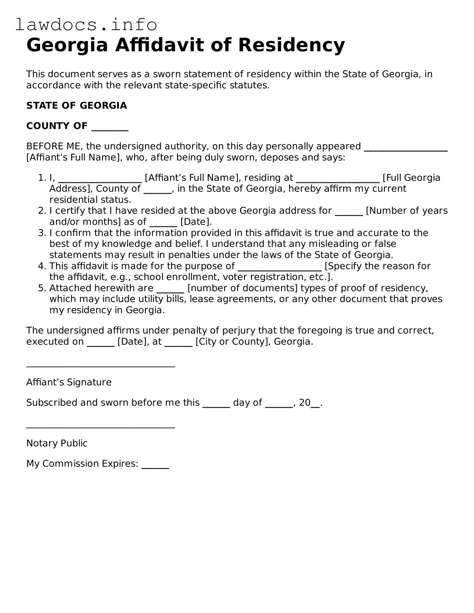 Blank Affidavit of Residency Template for the State of Georgia