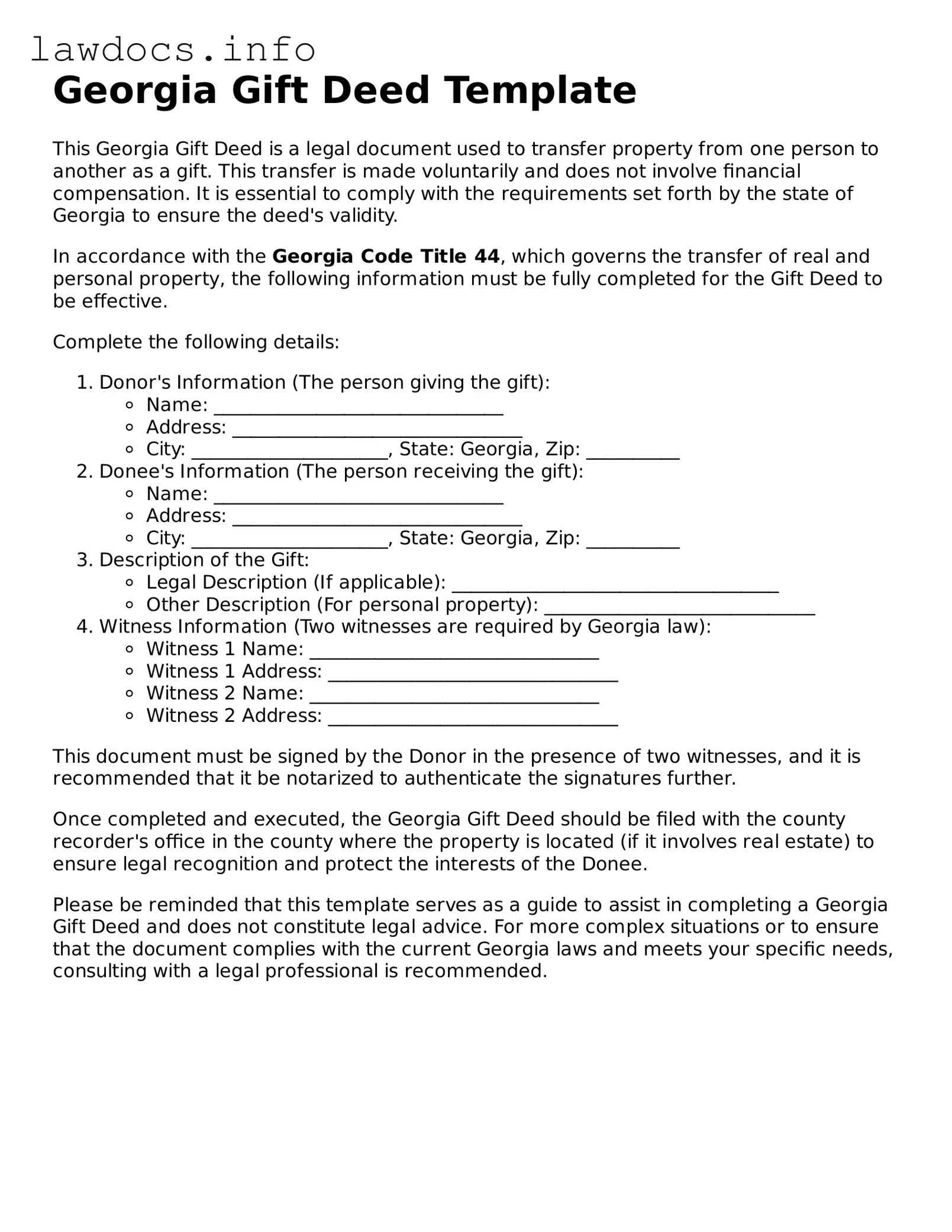 Blank Gift Deed Template for the State of Georgia