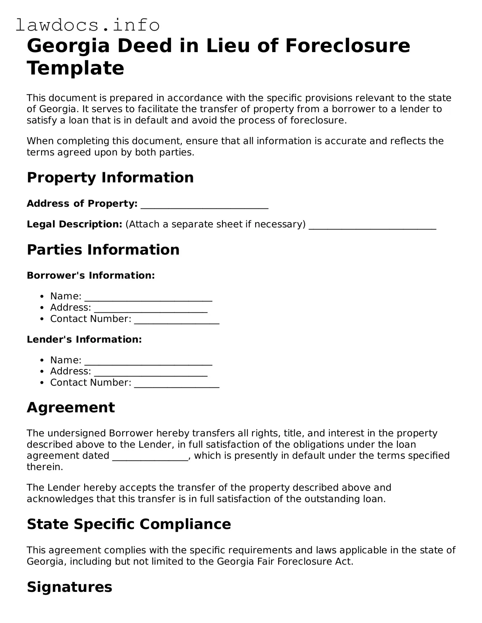 Blank Deed in Lieu of Foreclosure Template for the State of Georgia