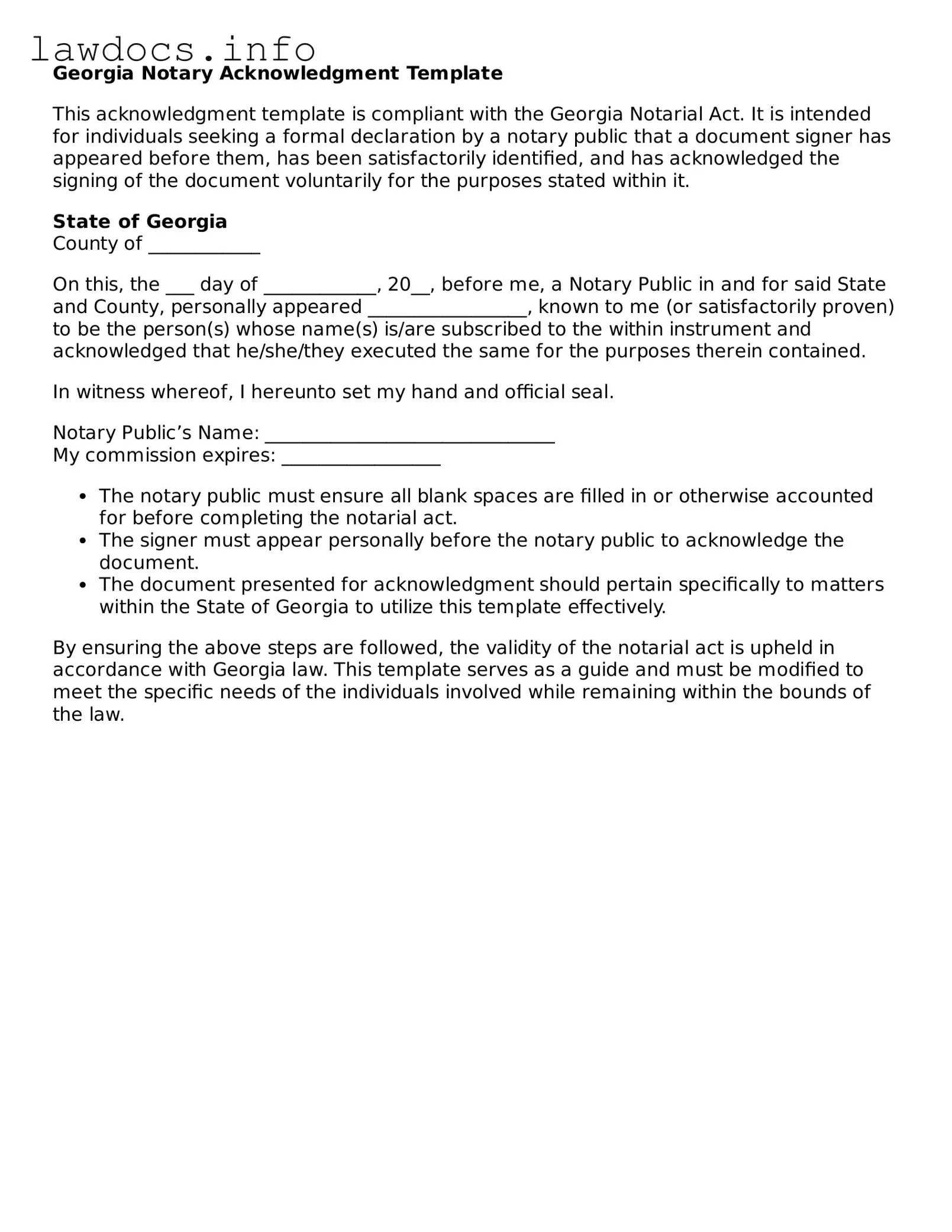 Blank Notary Acknowledgement Template for the State of Georgia