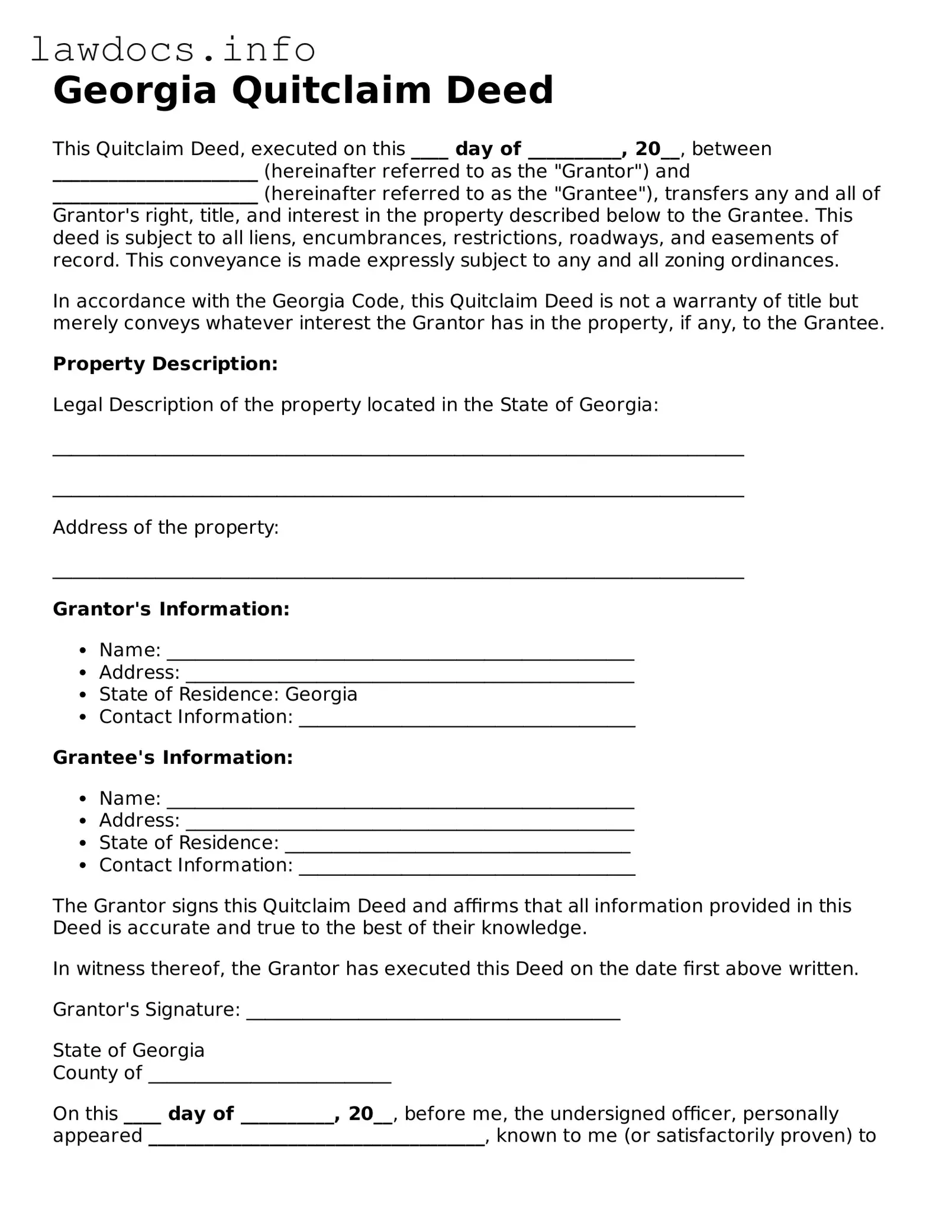 Blank Quitclaim Deed Template for the State of Georgia