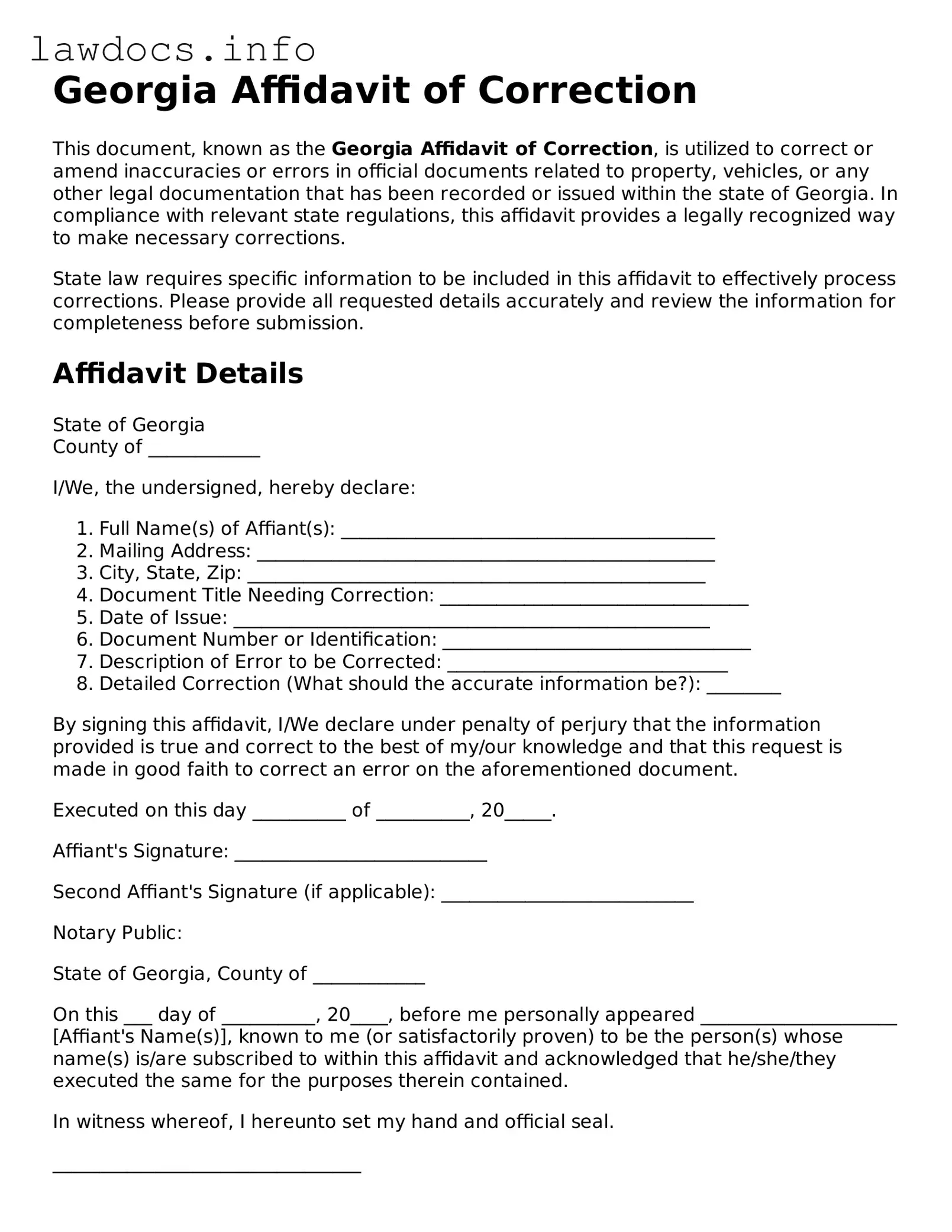 Blank Affidavit of Correction Template for the State of Georgia