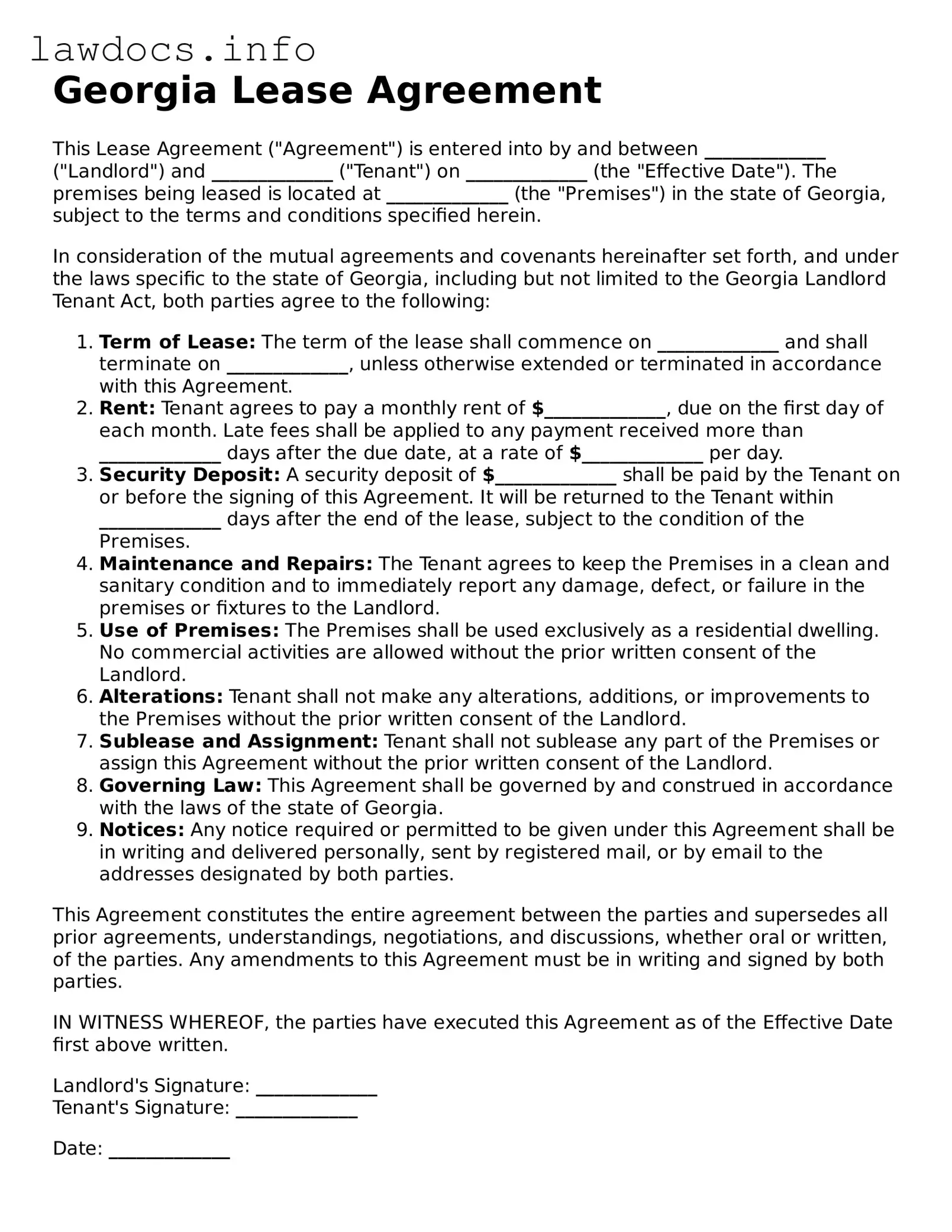 Blank Lease Agreement Template for the State of Georgia