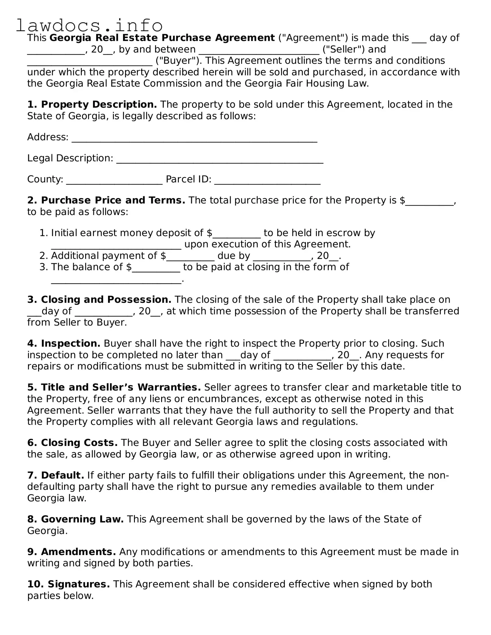 Blank Real Estate Purchase Agreement Template for the State of Georgia
