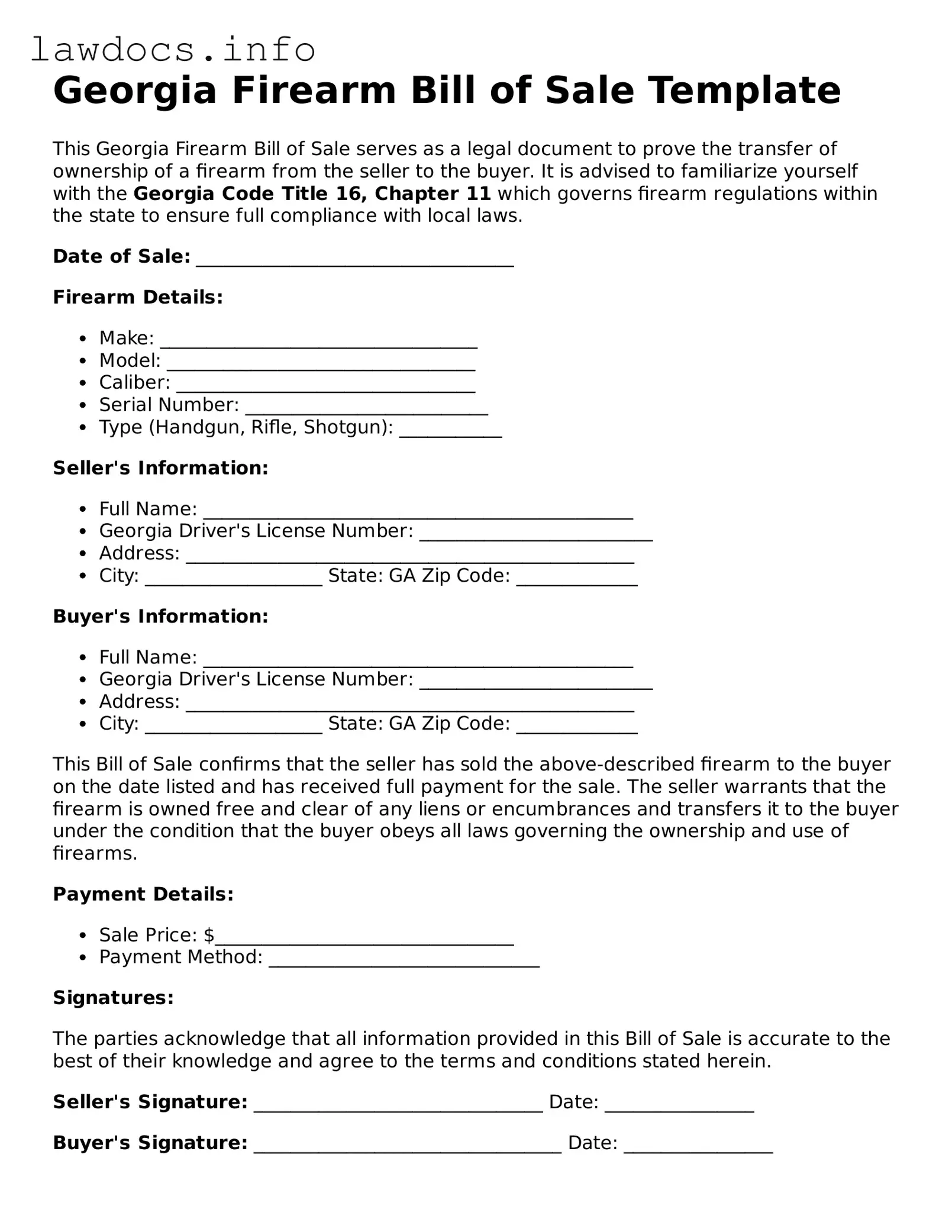 Blank Firearm Bill of Sale Template for the State of Georgia