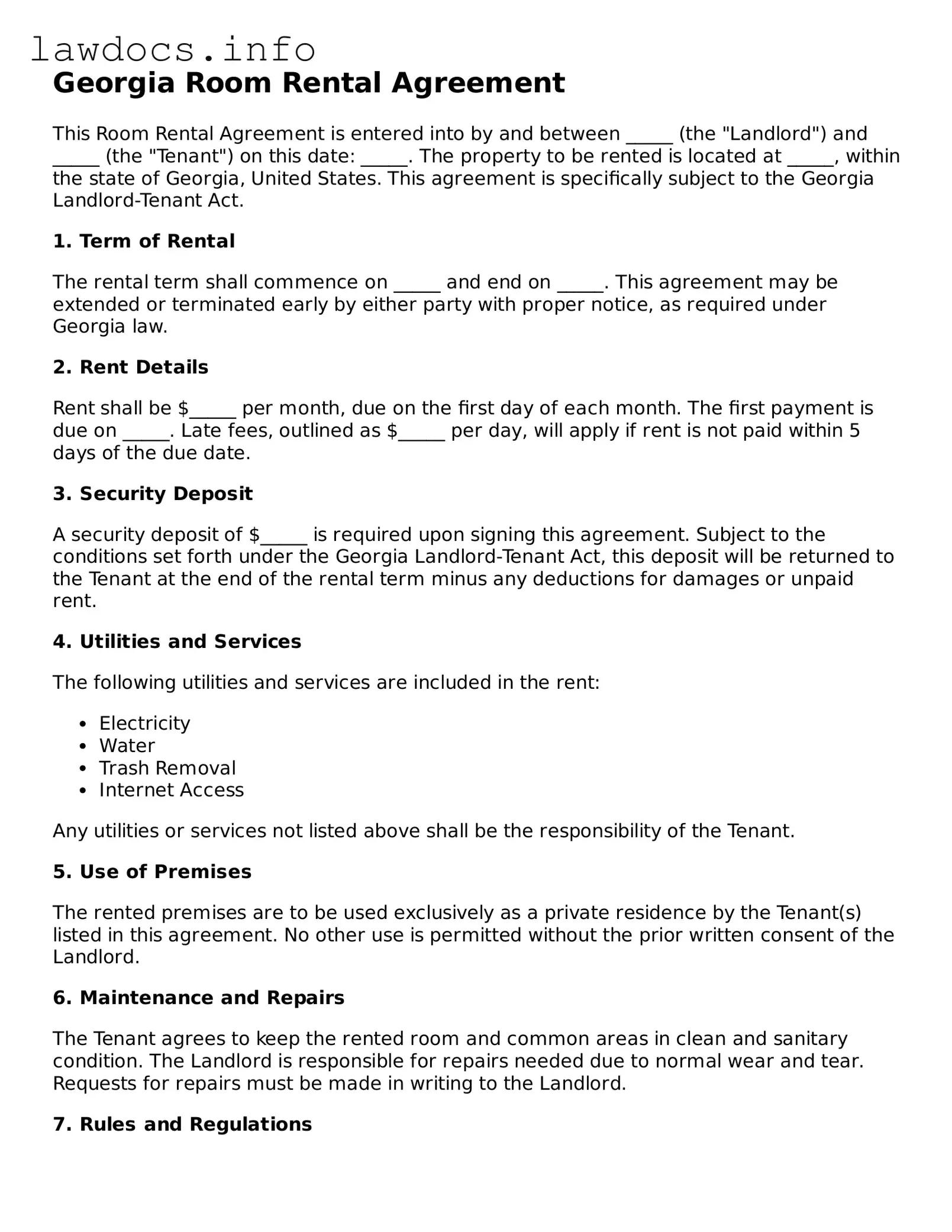 Blank Room Rental Agreement Template for the State of Georgia