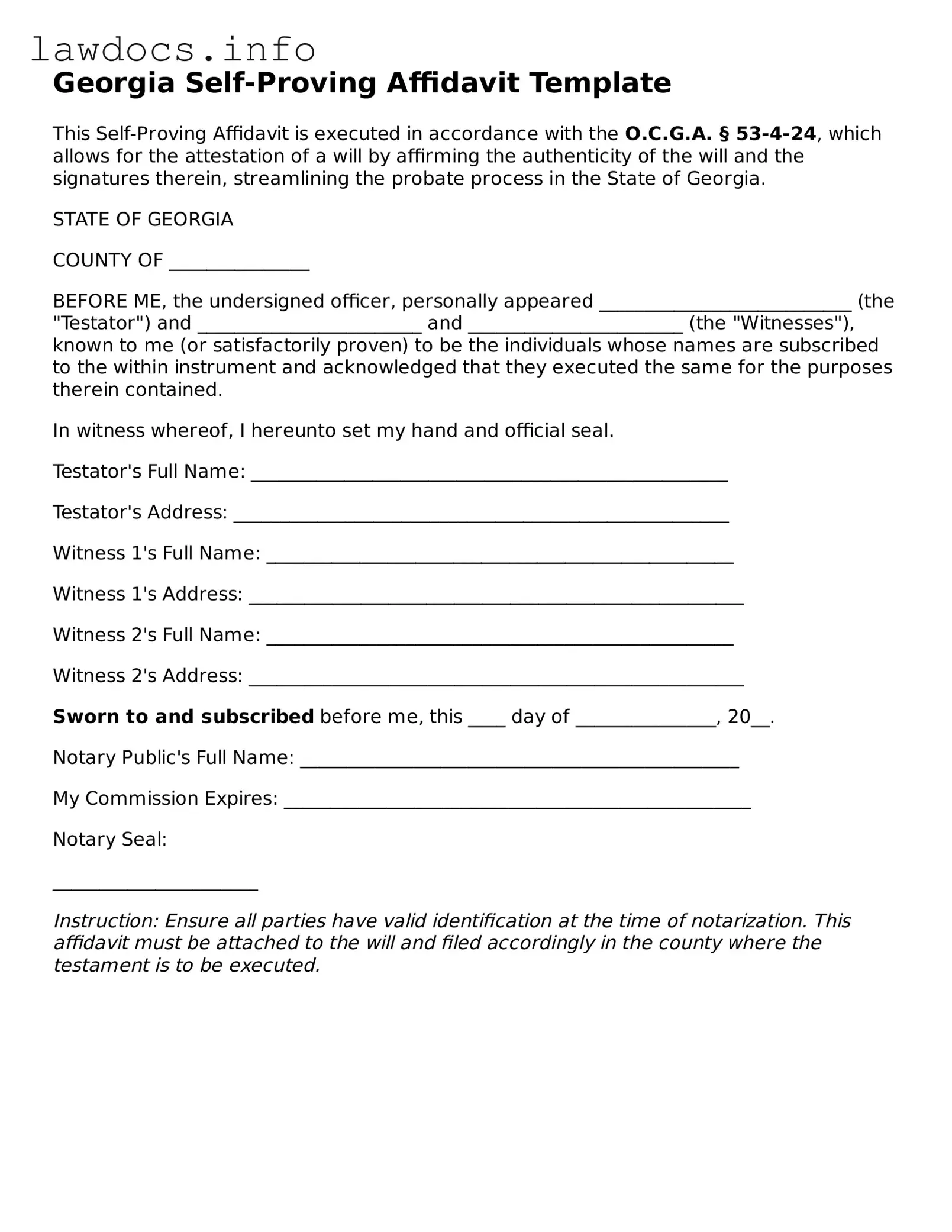 Blank Self-Proving Affidavit Template for the State of Georgia