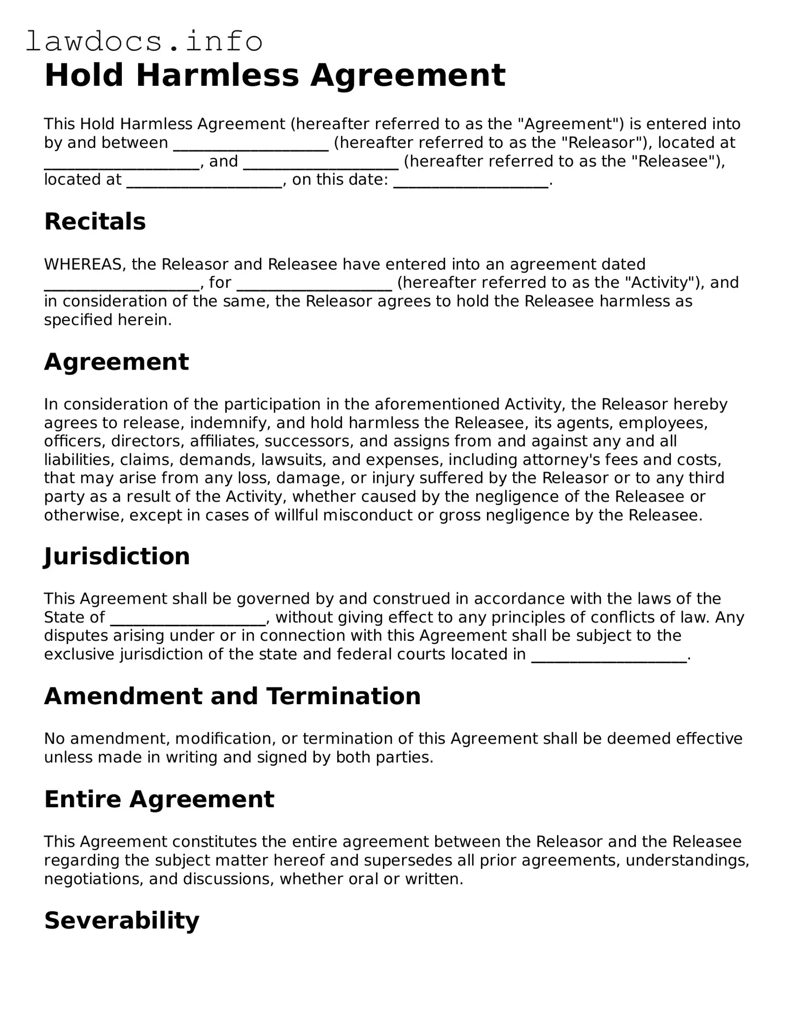 Valid Hold Harmless Agreement Form