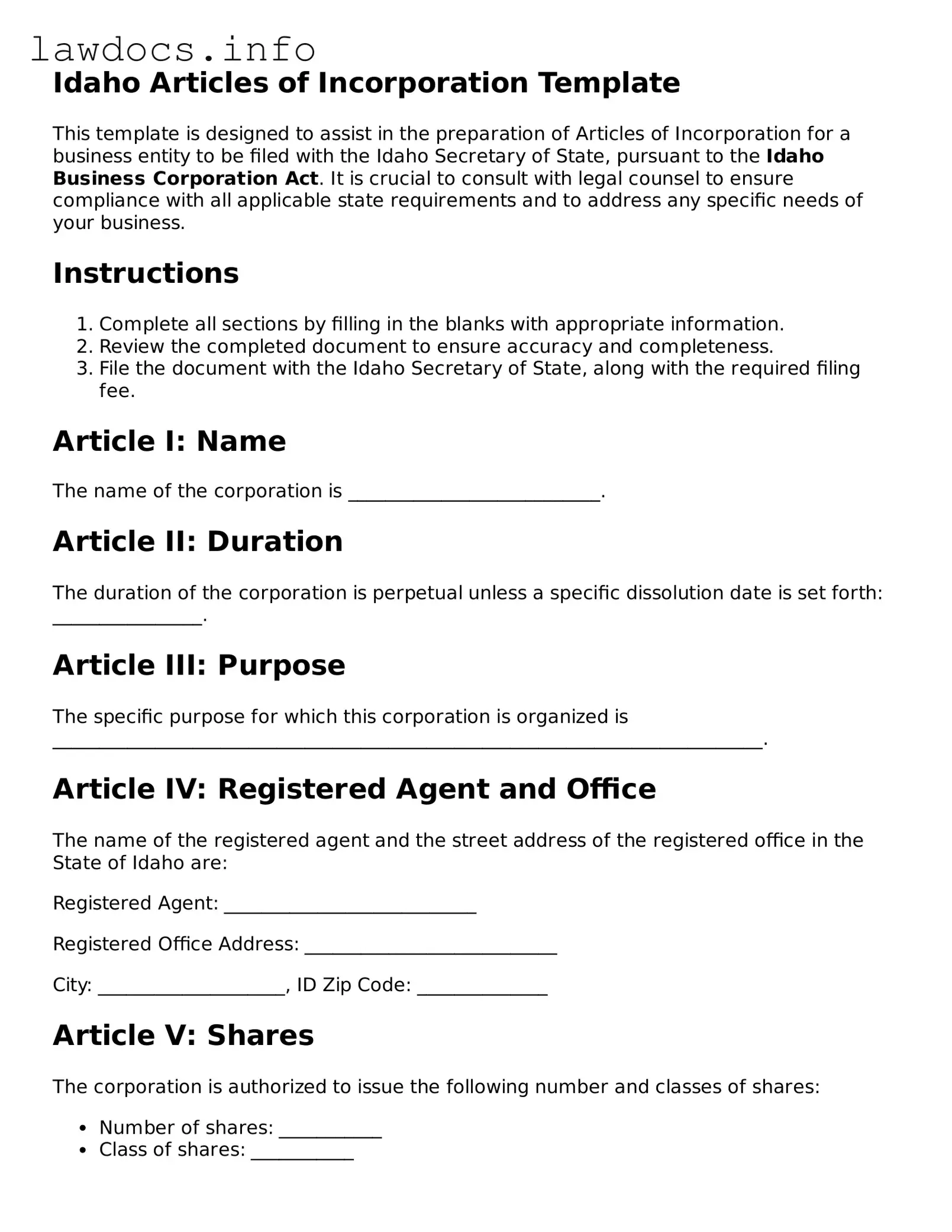 Blank Articles of Incorporation Template for the State of Idaho