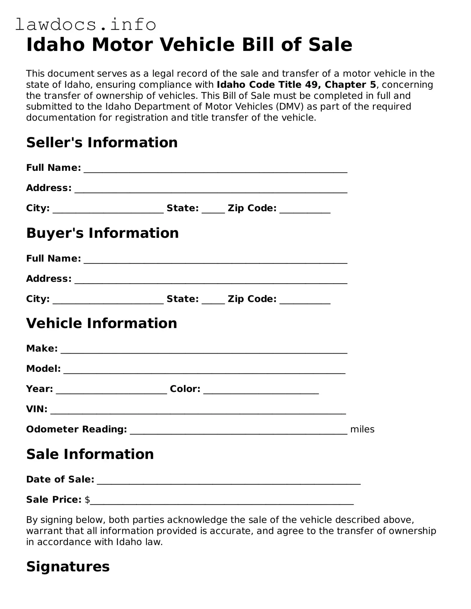 Blank Motor Vehicle Bill of Sale Template for the State of Idaho
