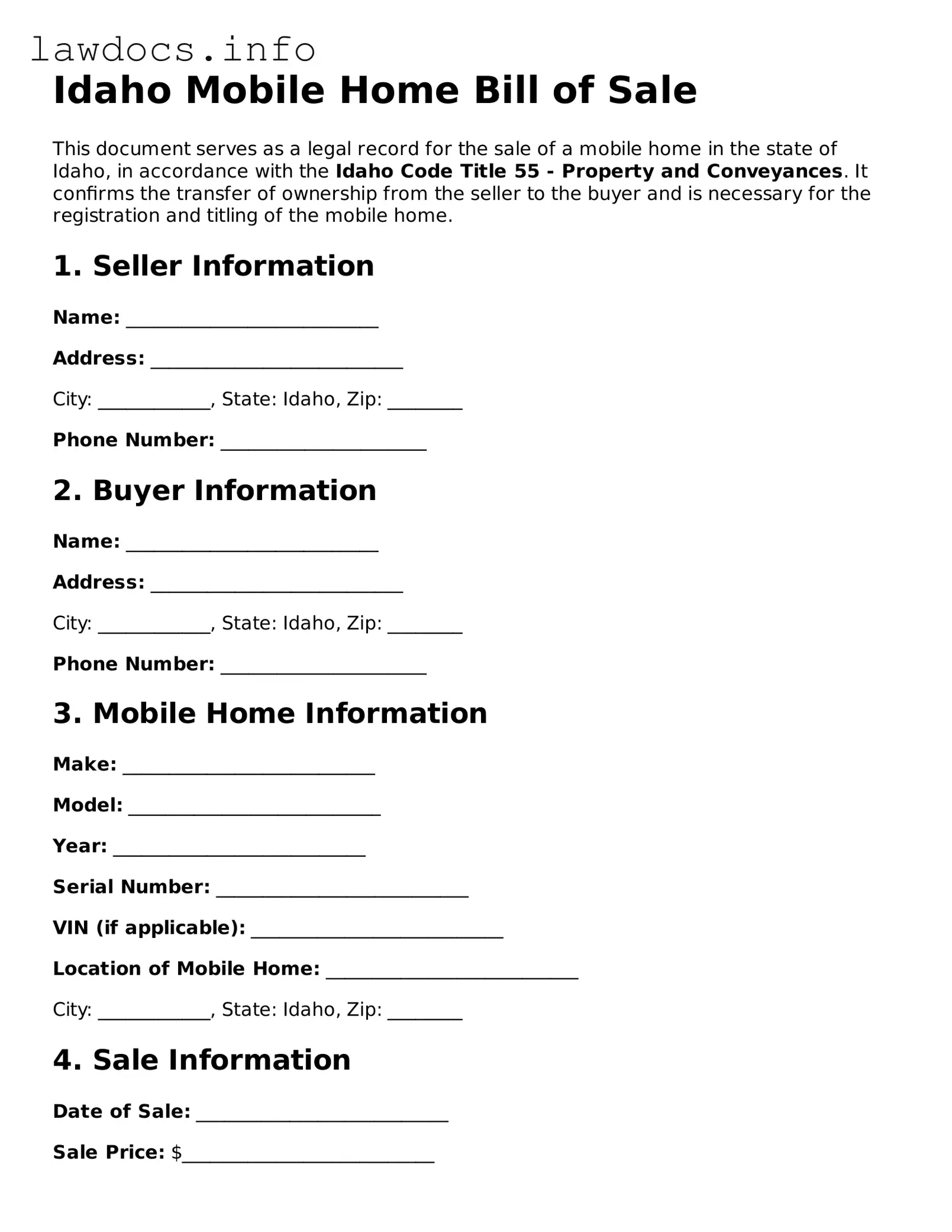 Blank Mobile Home Bill of Sale Template for the State of Idaho