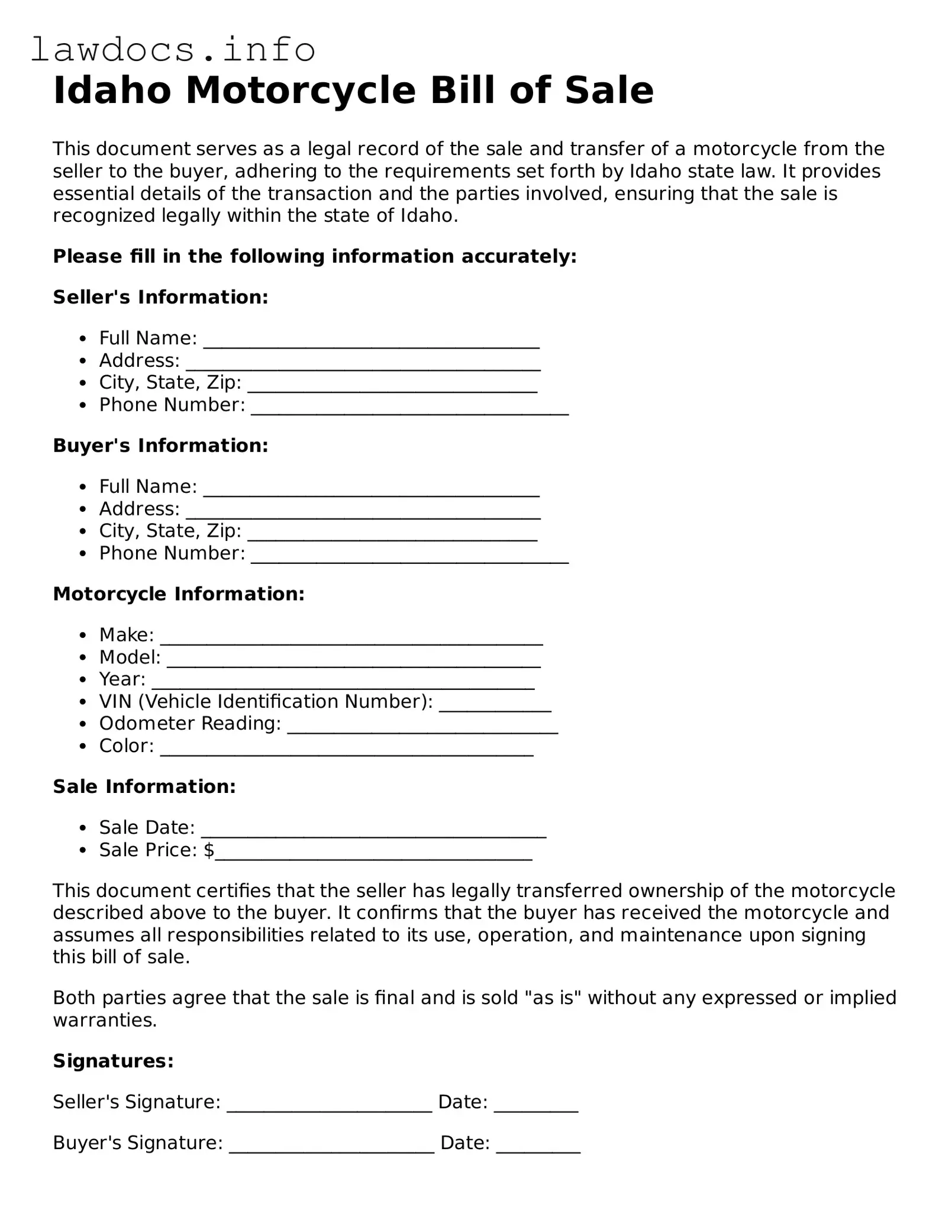 Blank Motorcycle Bill of Sale Template for the State of Idaho