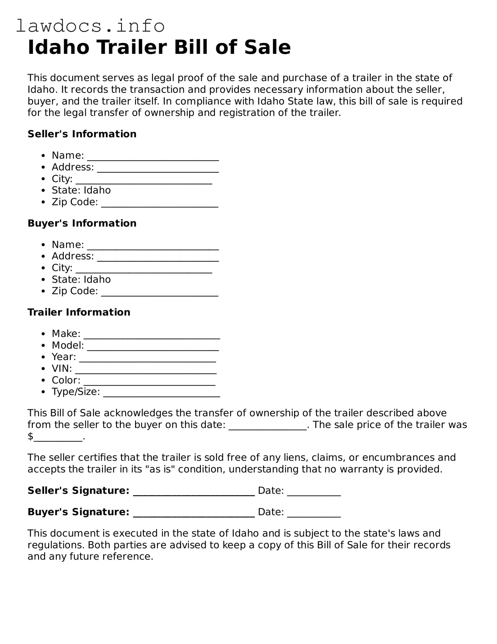 Blank Trailer Bill of Sale Template for the State of Idaho