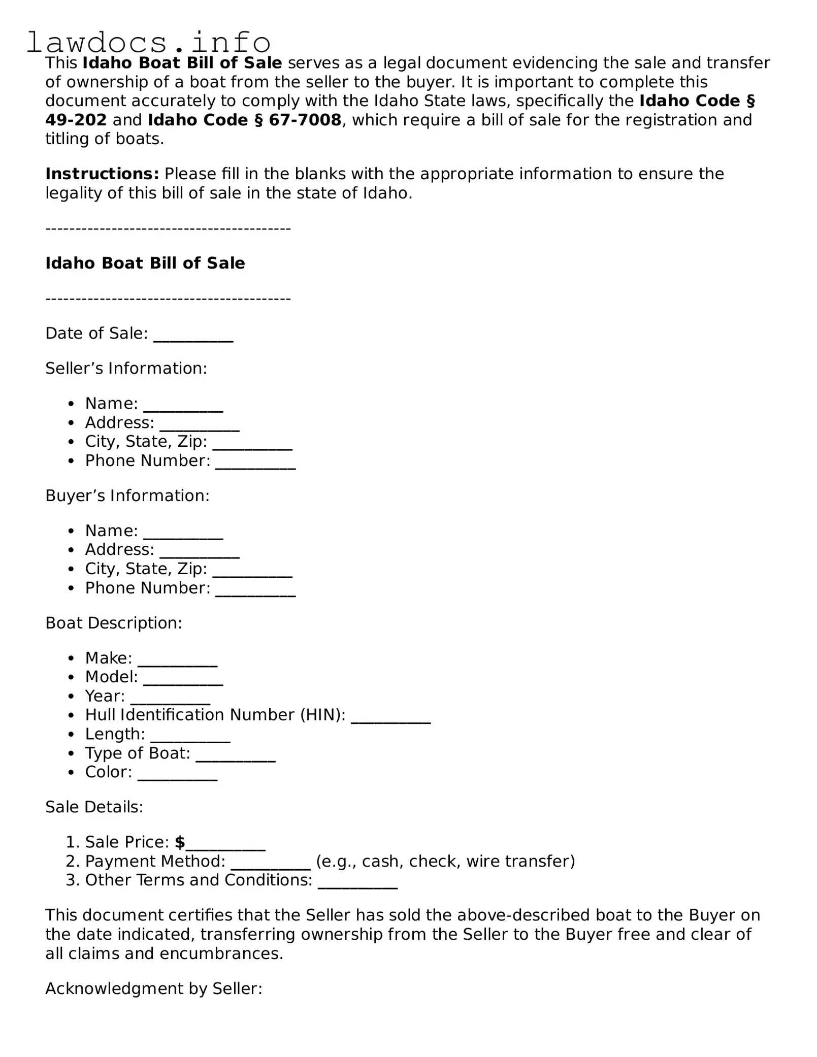 Blank Boat Bill of Sale Template for the State of Idaho
