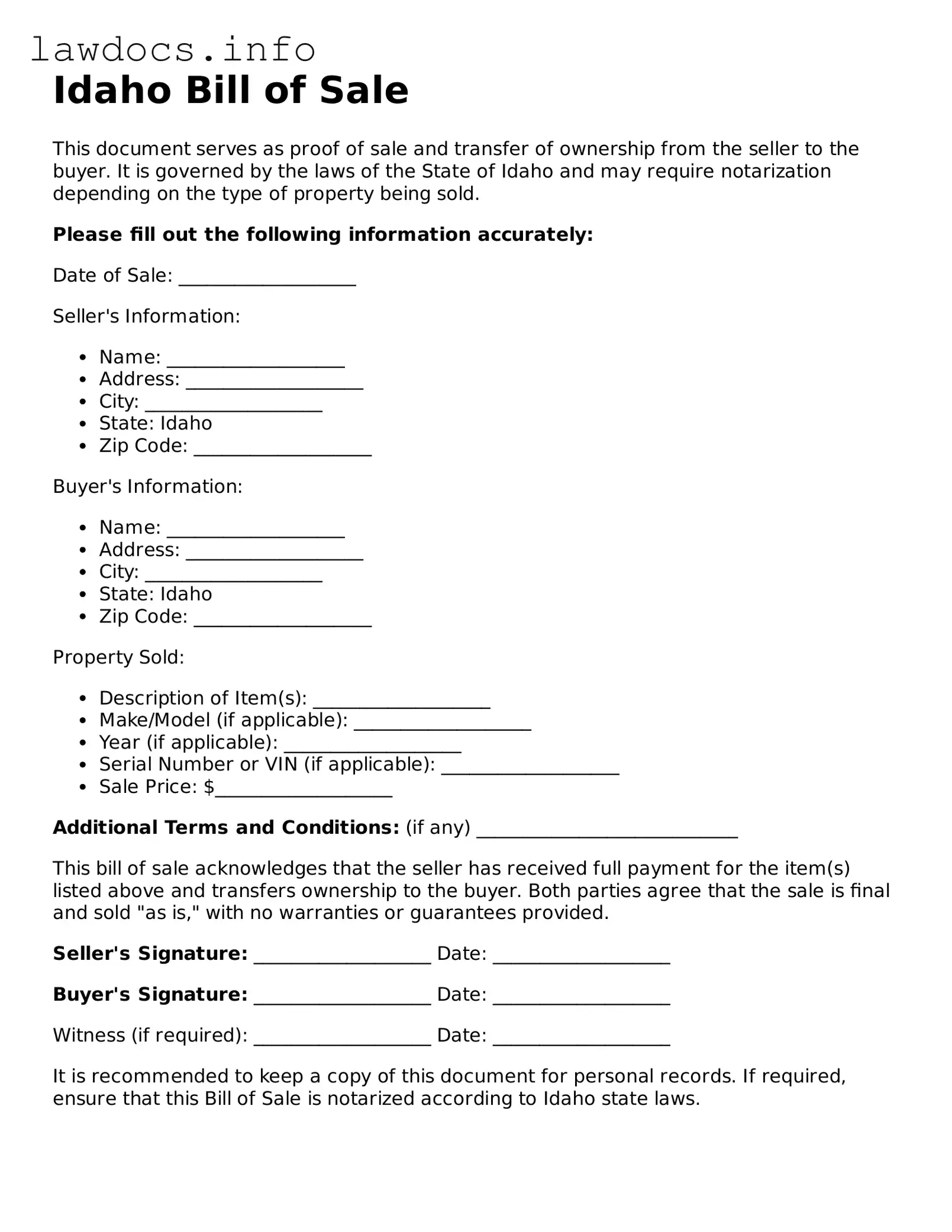 Blank Bill of Sale Template for the State of Idaho