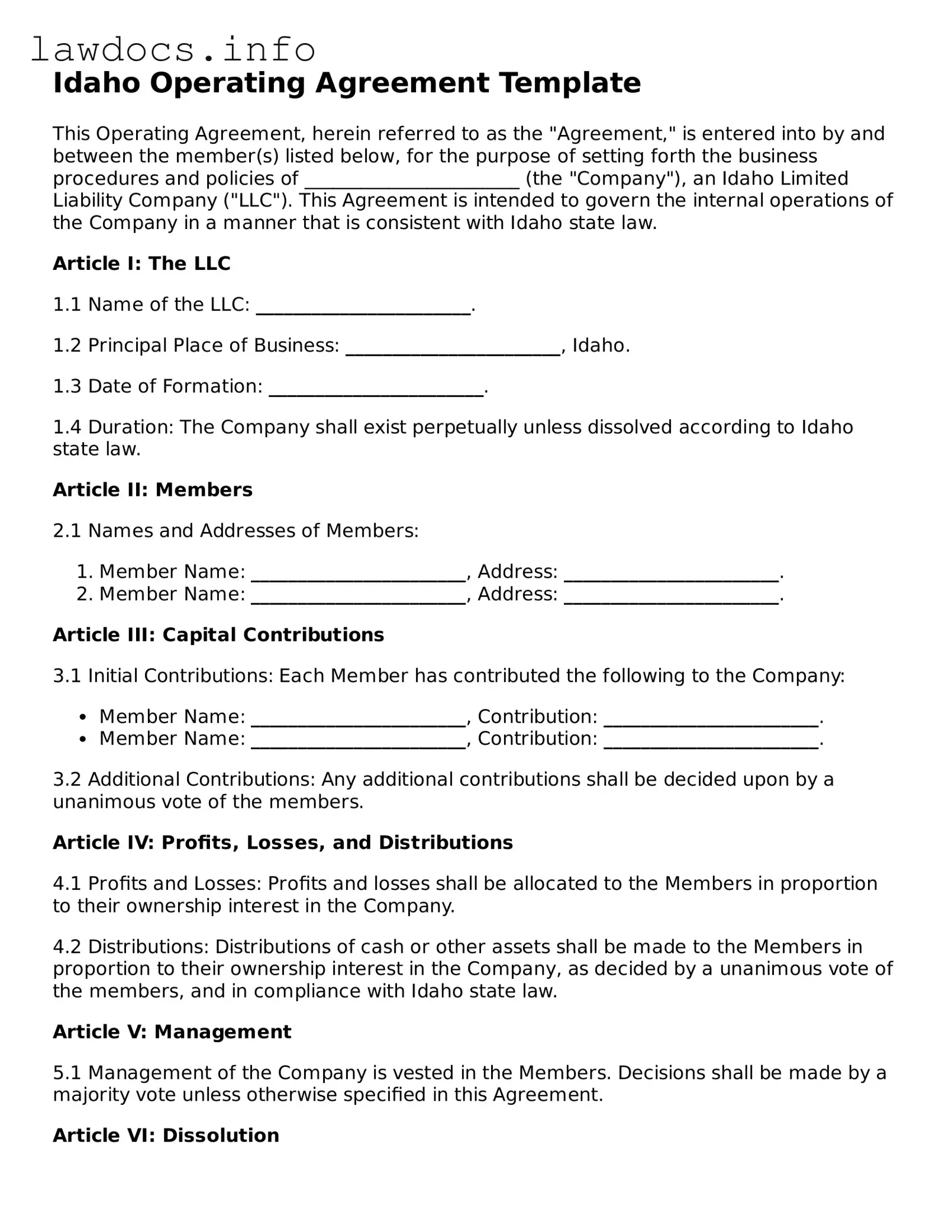 Blank Operating Agreement Template for the State of Idaho