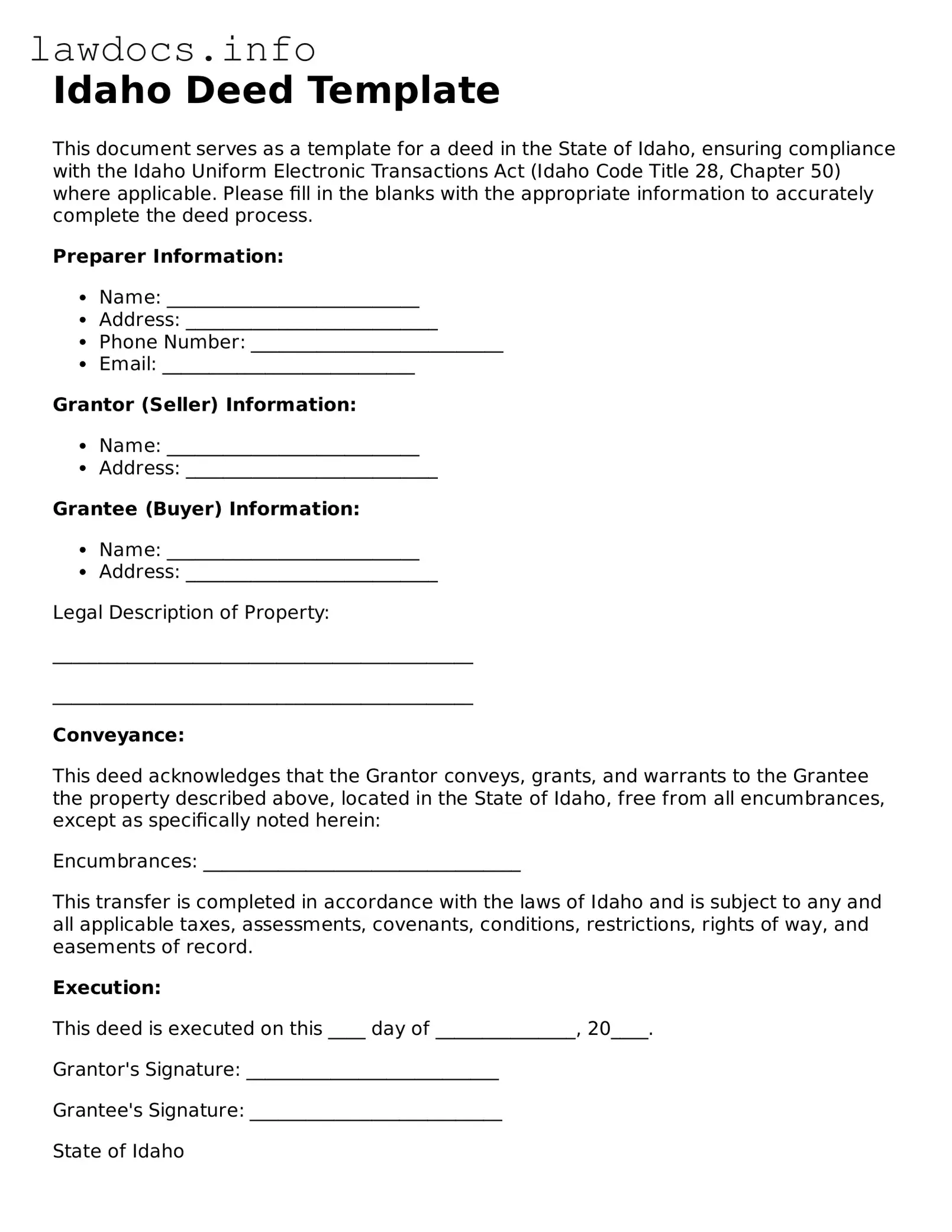 Blank Deed Template for the State of Idaho