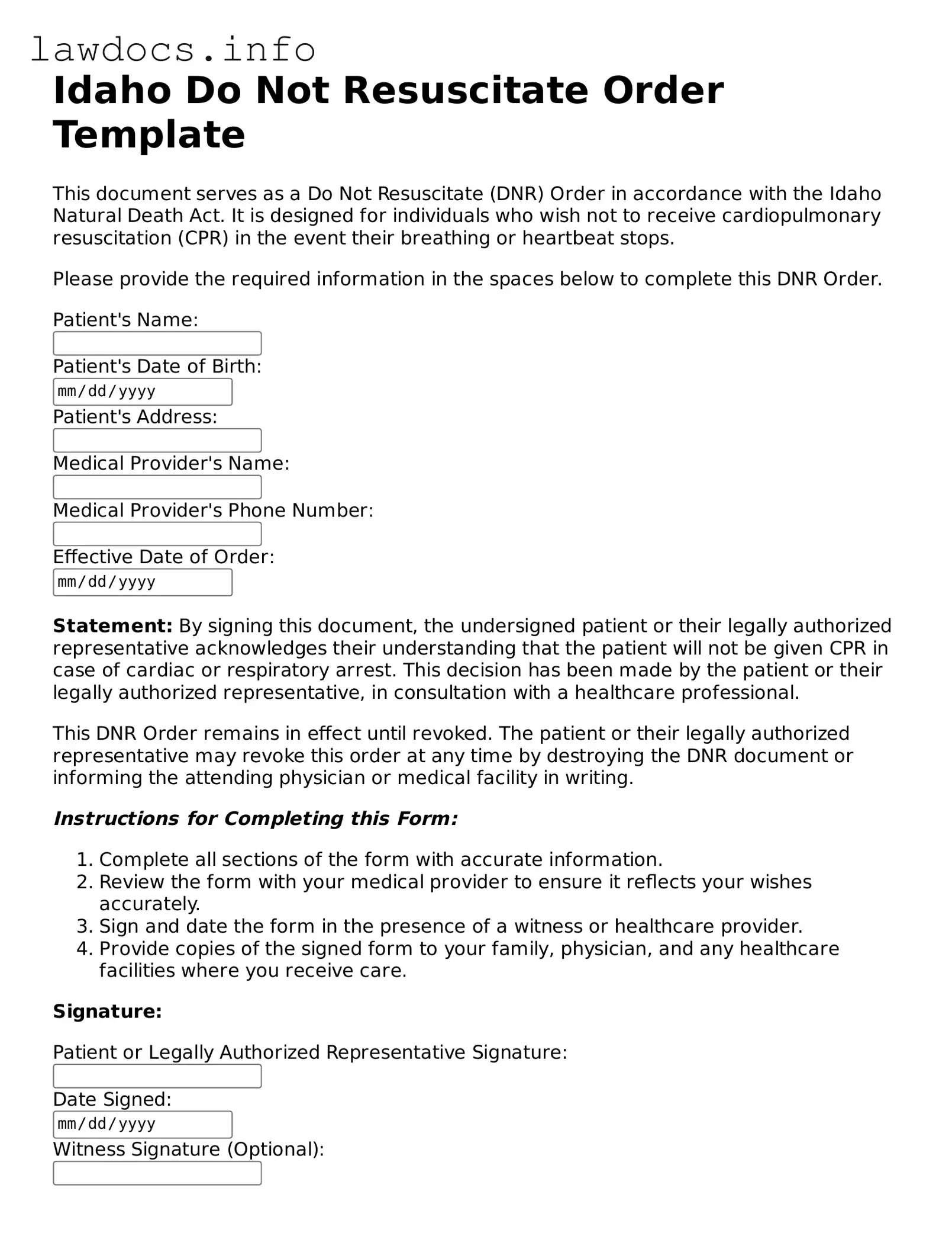Blank Do Not Resuscitate Order Template for the State of Idaho