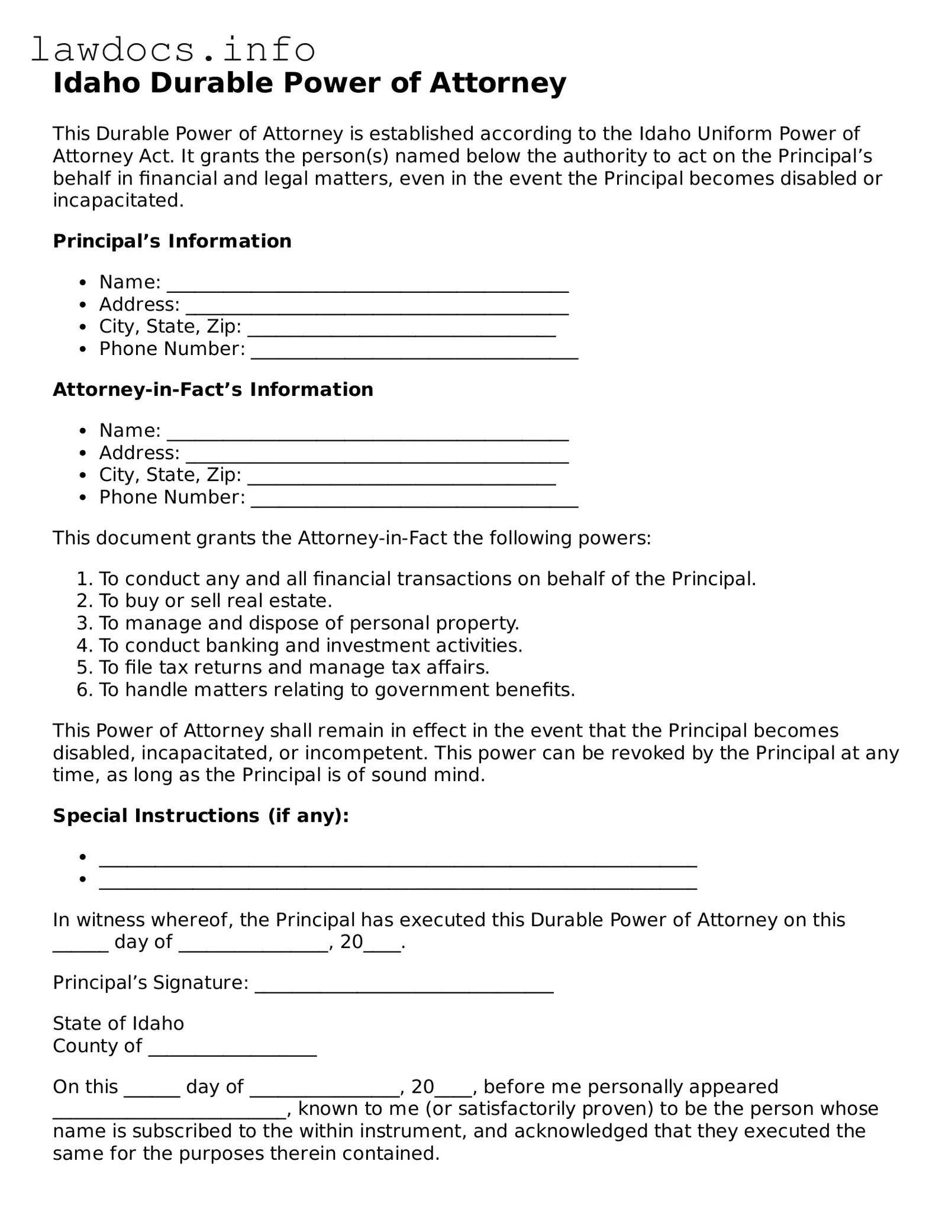 Blank Durable Power of Attorney Template for the State of Idaho