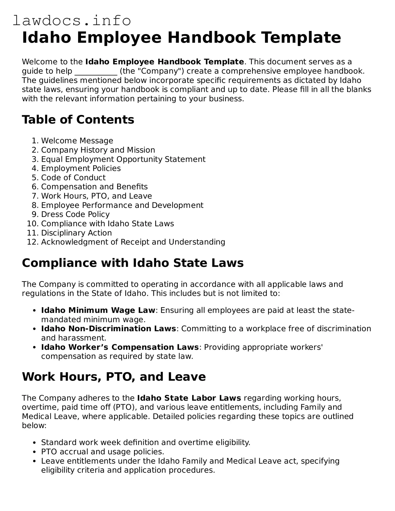 Blank Employee Handbook Template for the State of Idaho