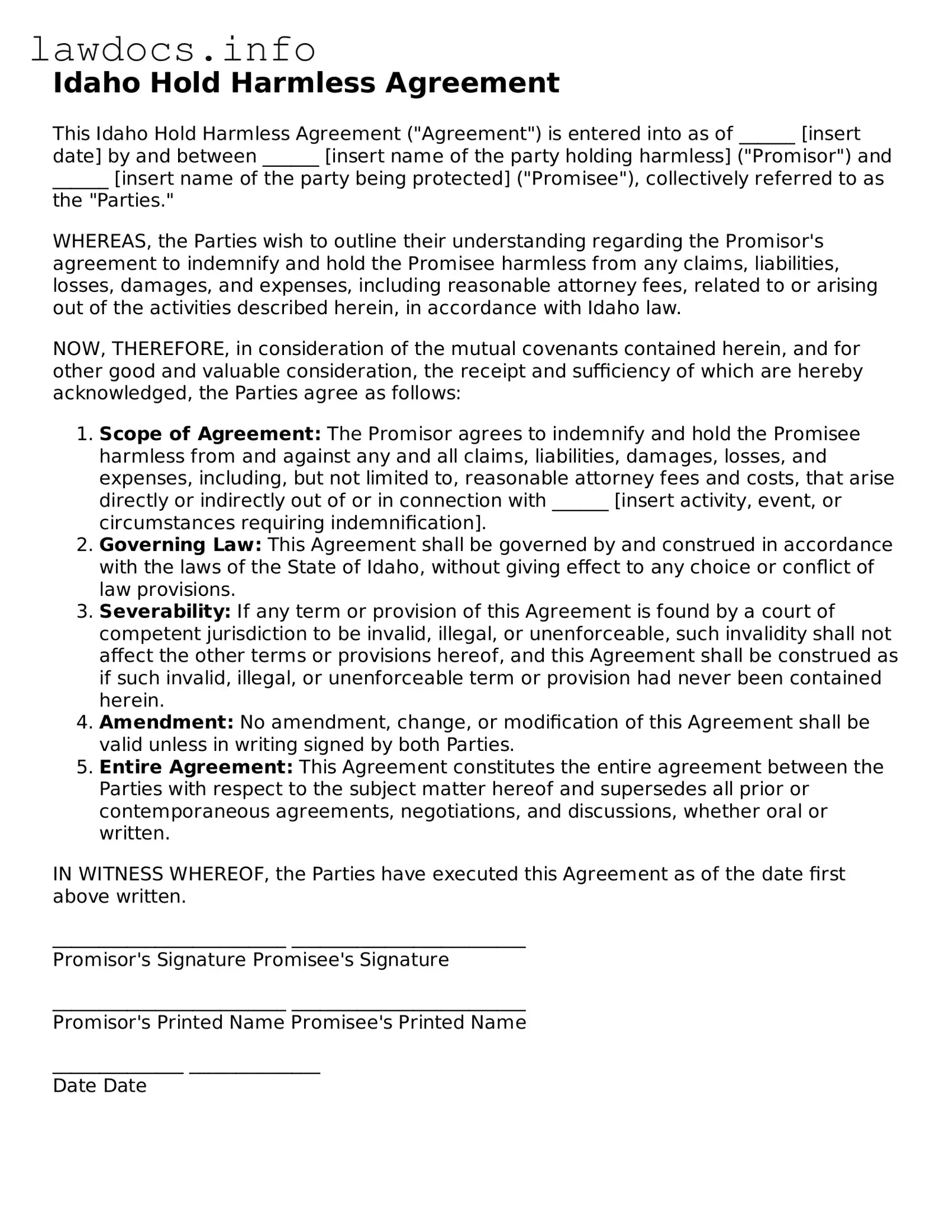 Blank Hold Harmless Agreement Template for the State of Idaho