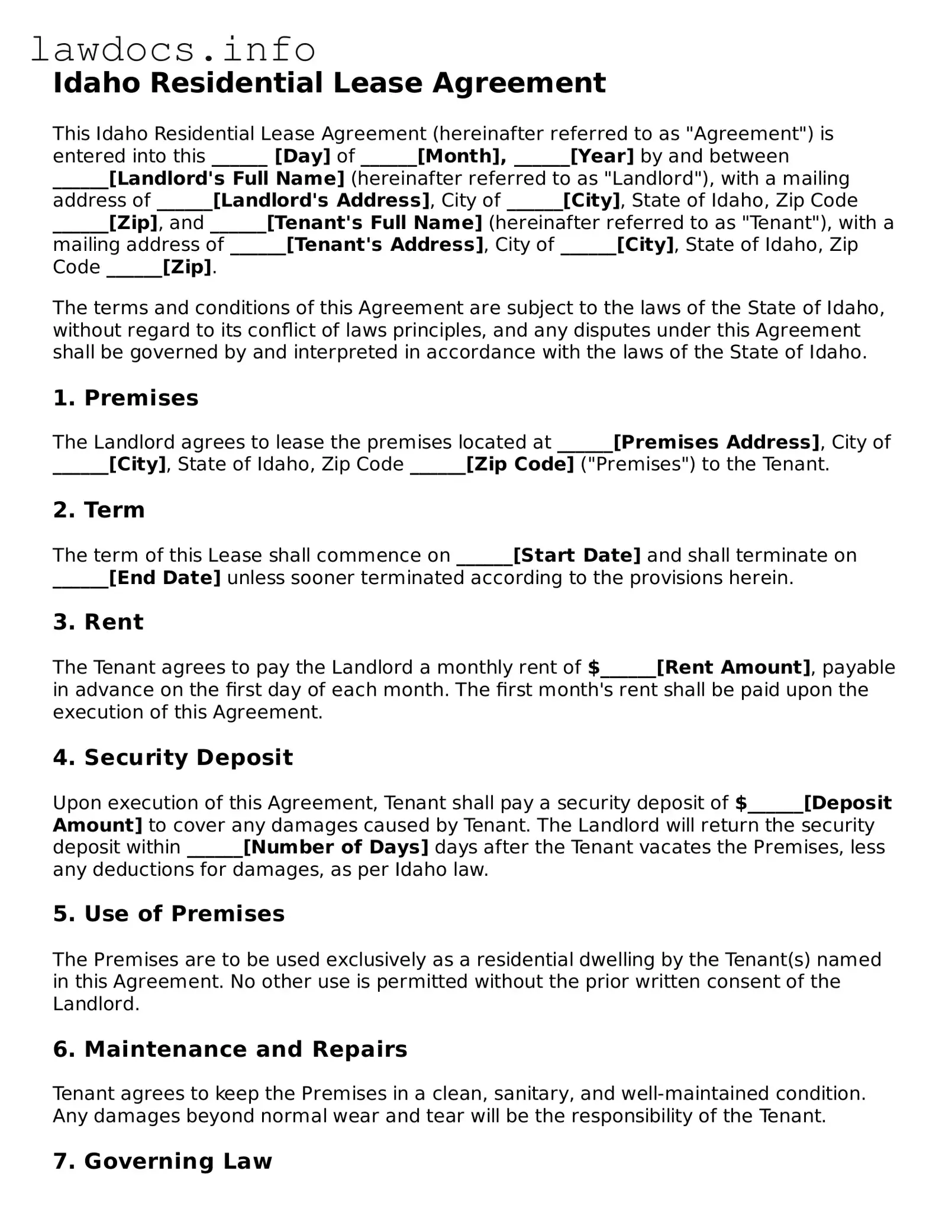Blank Residential Lease Agreement Template for the State of Idaho