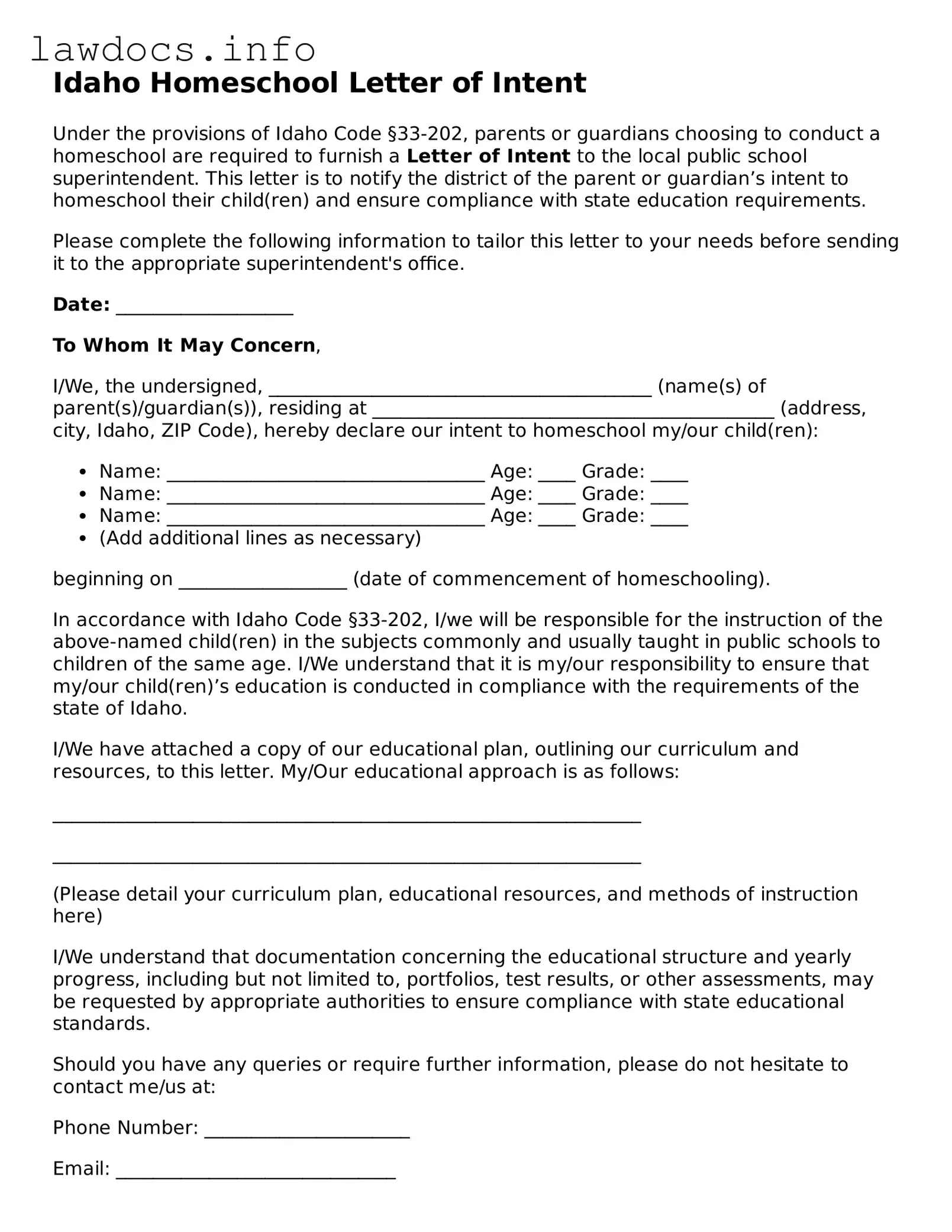 Blank Homeschool Letter of Intent Template for the State of Idaho