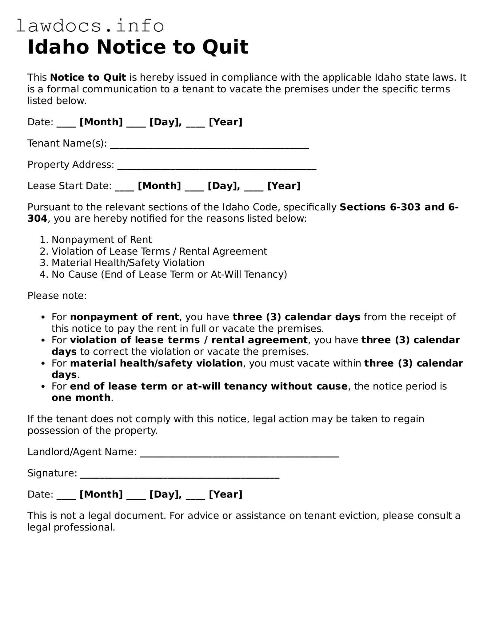 Blank Notice to Quit Template for the State of Idaho