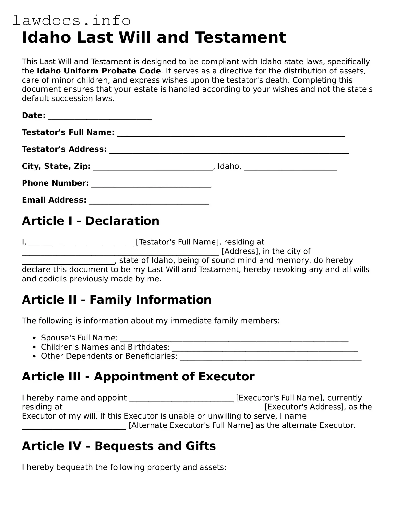 Blank Last Will and Testament Template for the State of Idaho