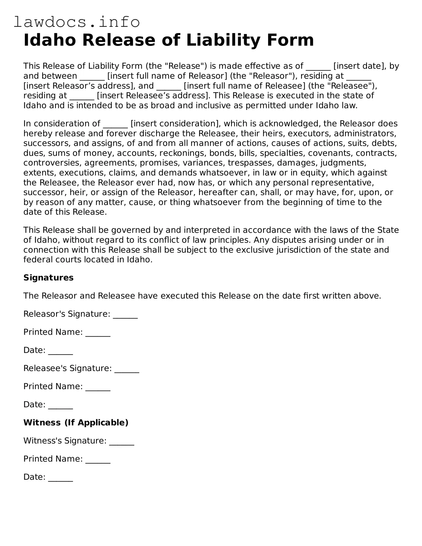Blank Release of Liability Template for the State of Idaho