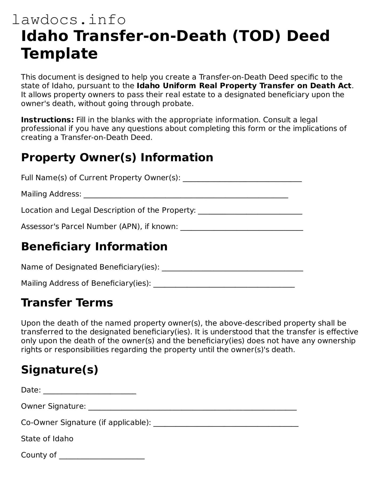 Blank Transfer-on-Death Deed Template for the State of Idaho