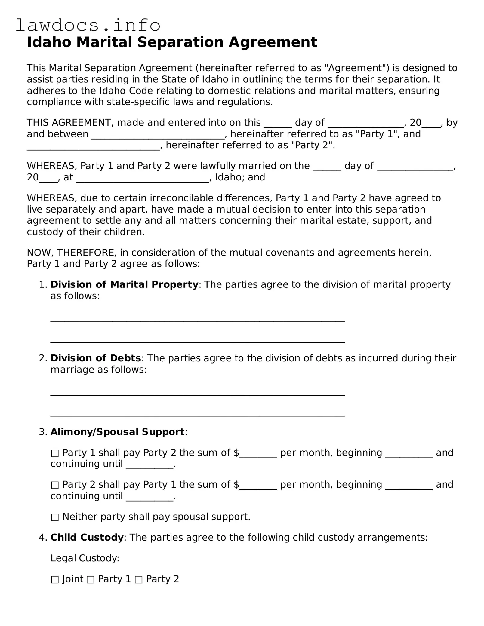 Blank Marital Separation Agreement Template for the State of Idaho
