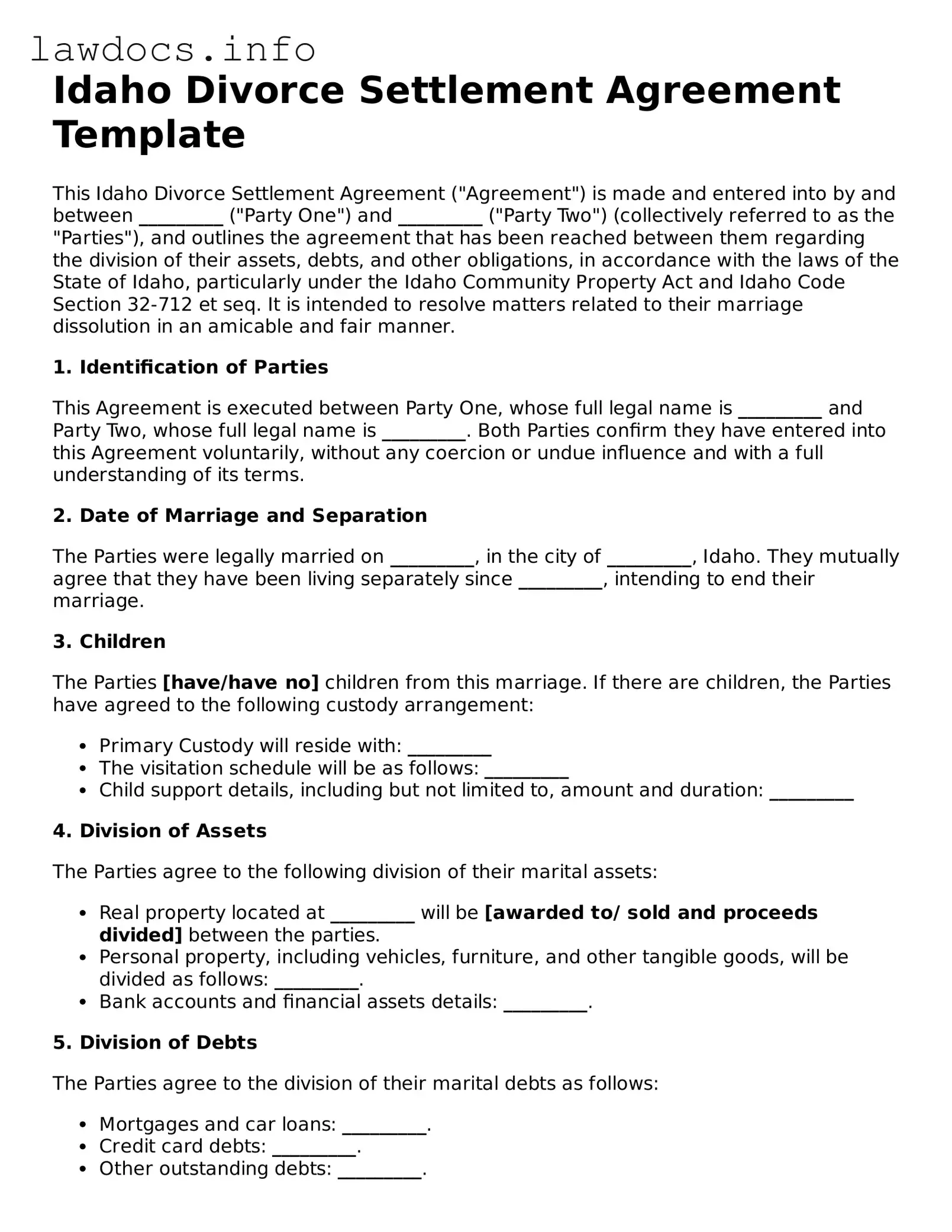 Blank Divorce Settlement Agreement Template for the State of Idaho