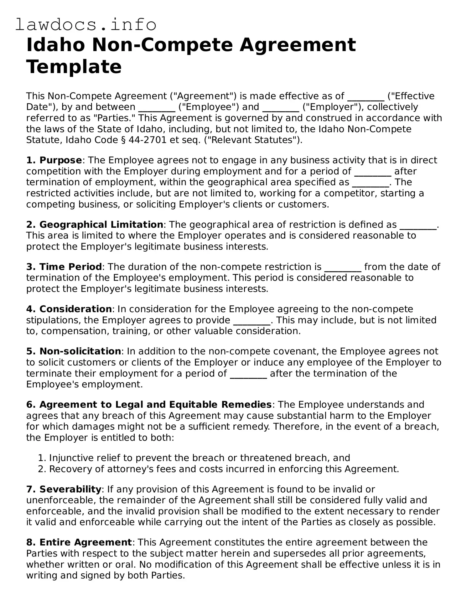 Blank Non-compete Agreement Template for the State of Idaho