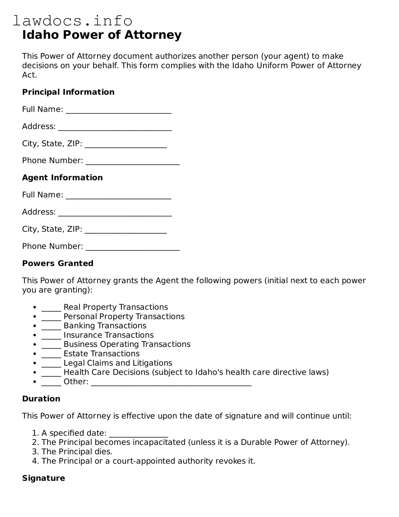 Blank Power of Attorney Template for the State of Idaho
