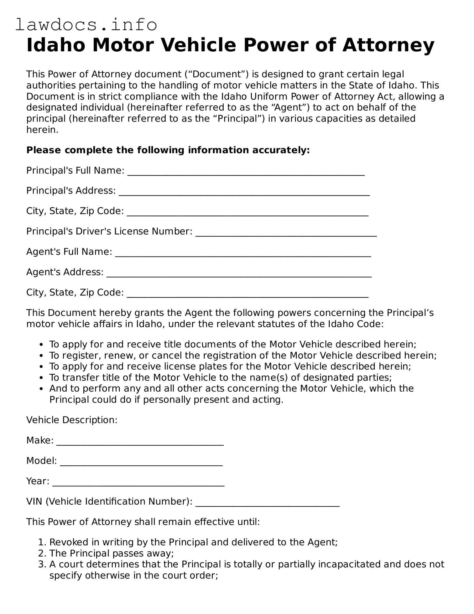 Blank Motor Vehicle Power of Attorney Template for the State of Idaho