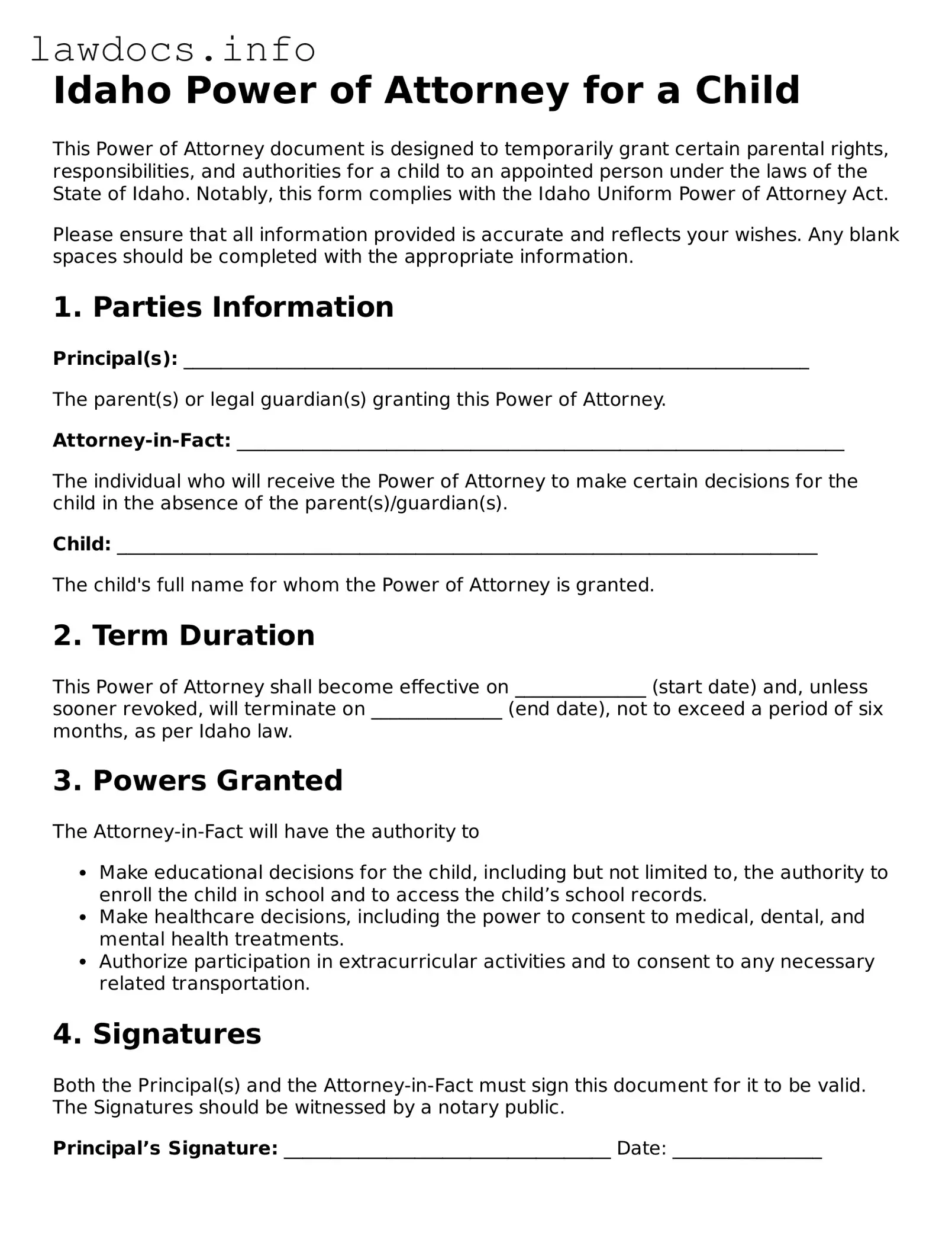 Blank Power of Attorney for a Child Template for the State of Idaho