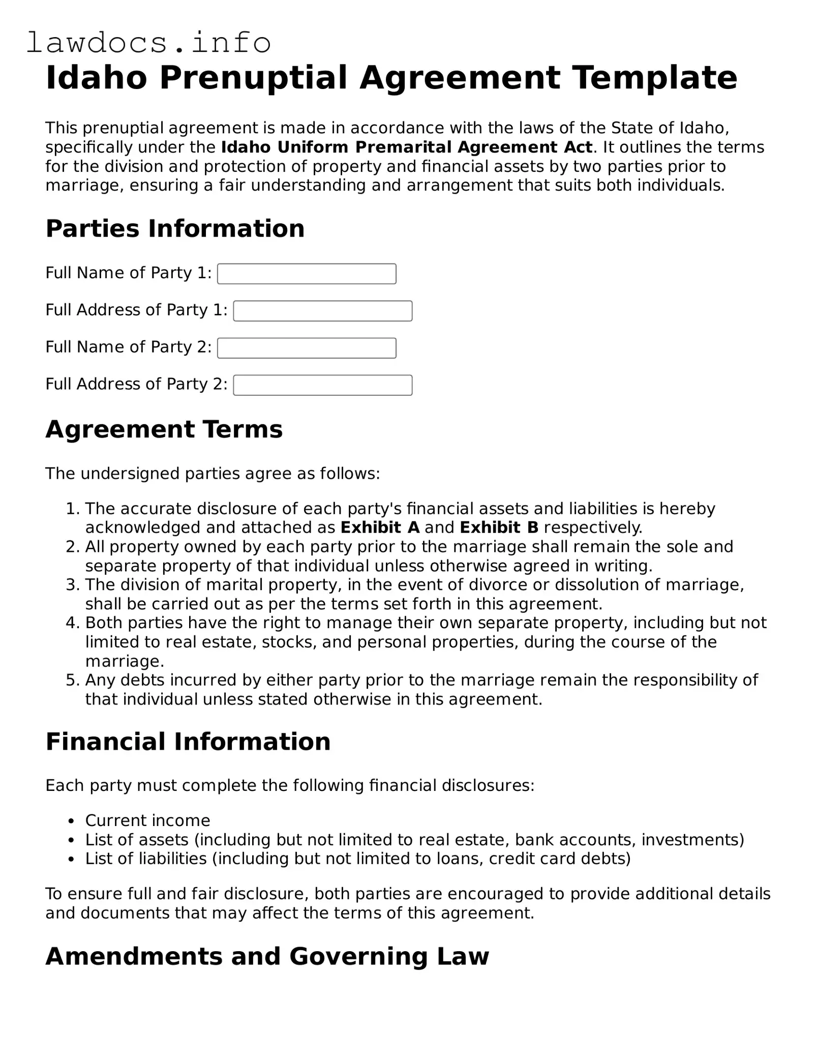 Blank Prenuptial Agreement Template for the State of Idaho