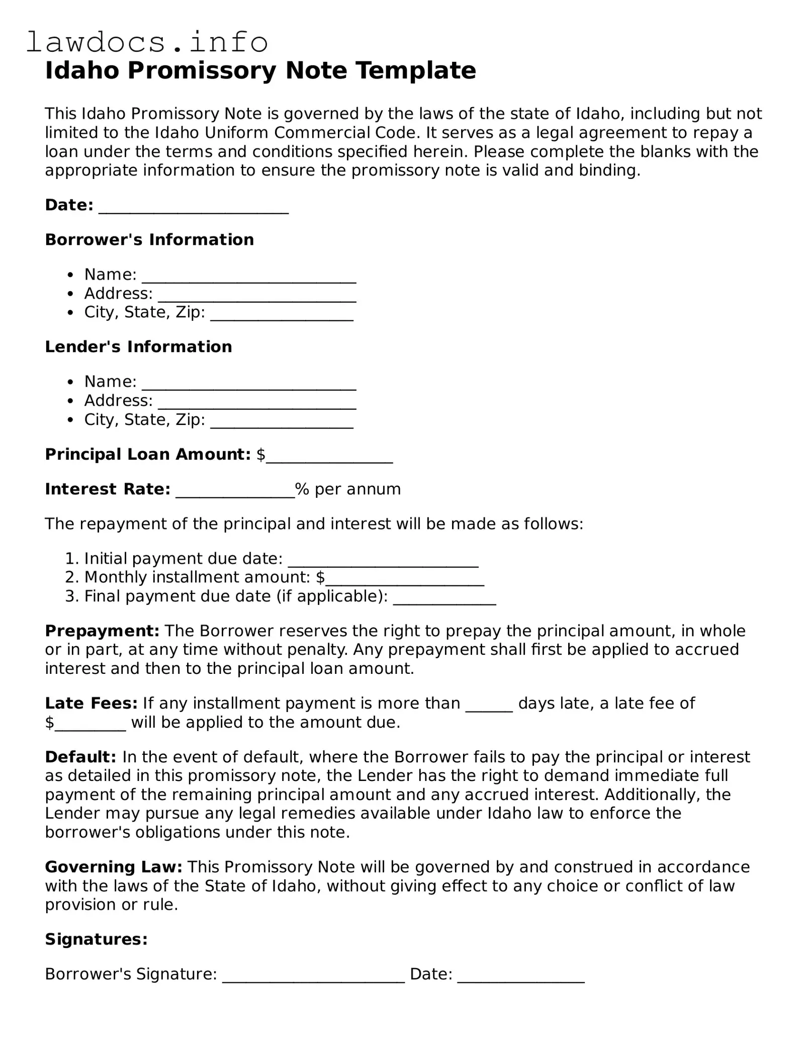 Blank Promissory Note Template for the State of Idaho