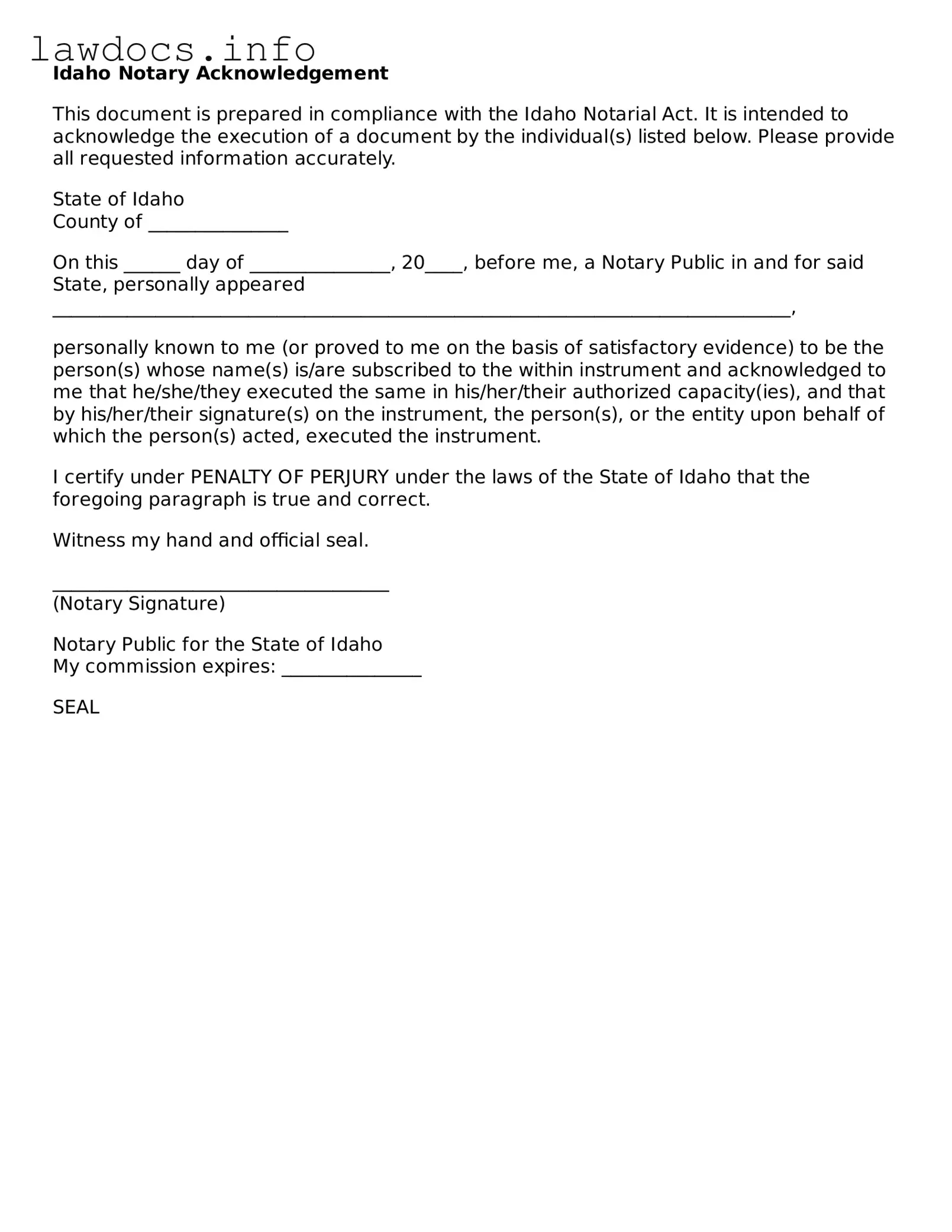 Blank Notary Acknowledgement Template for the State of Idaho