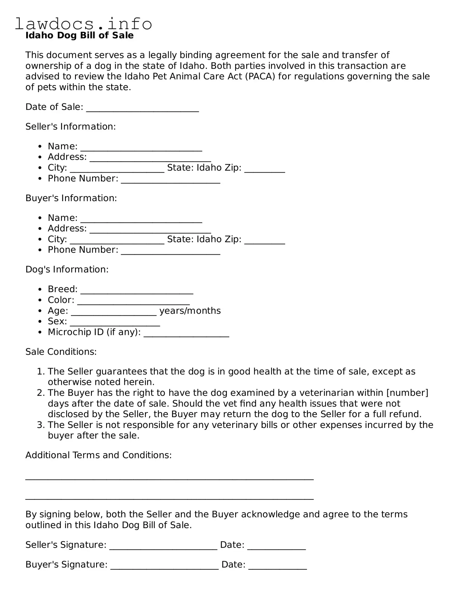 Blank Dog Bill of Sale Template for the State of Idaho