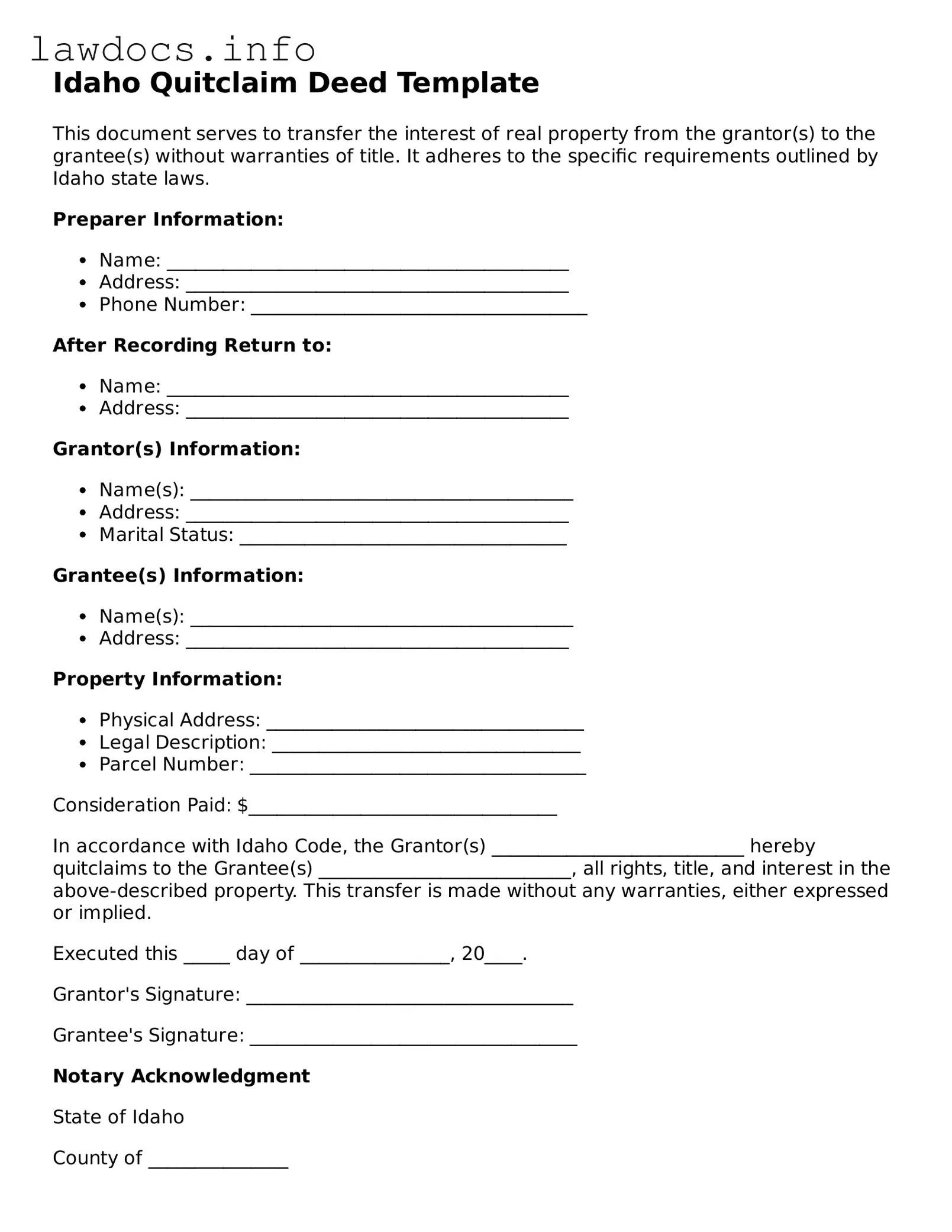 Blank Quitclaim Deed Template for the State of Idaho