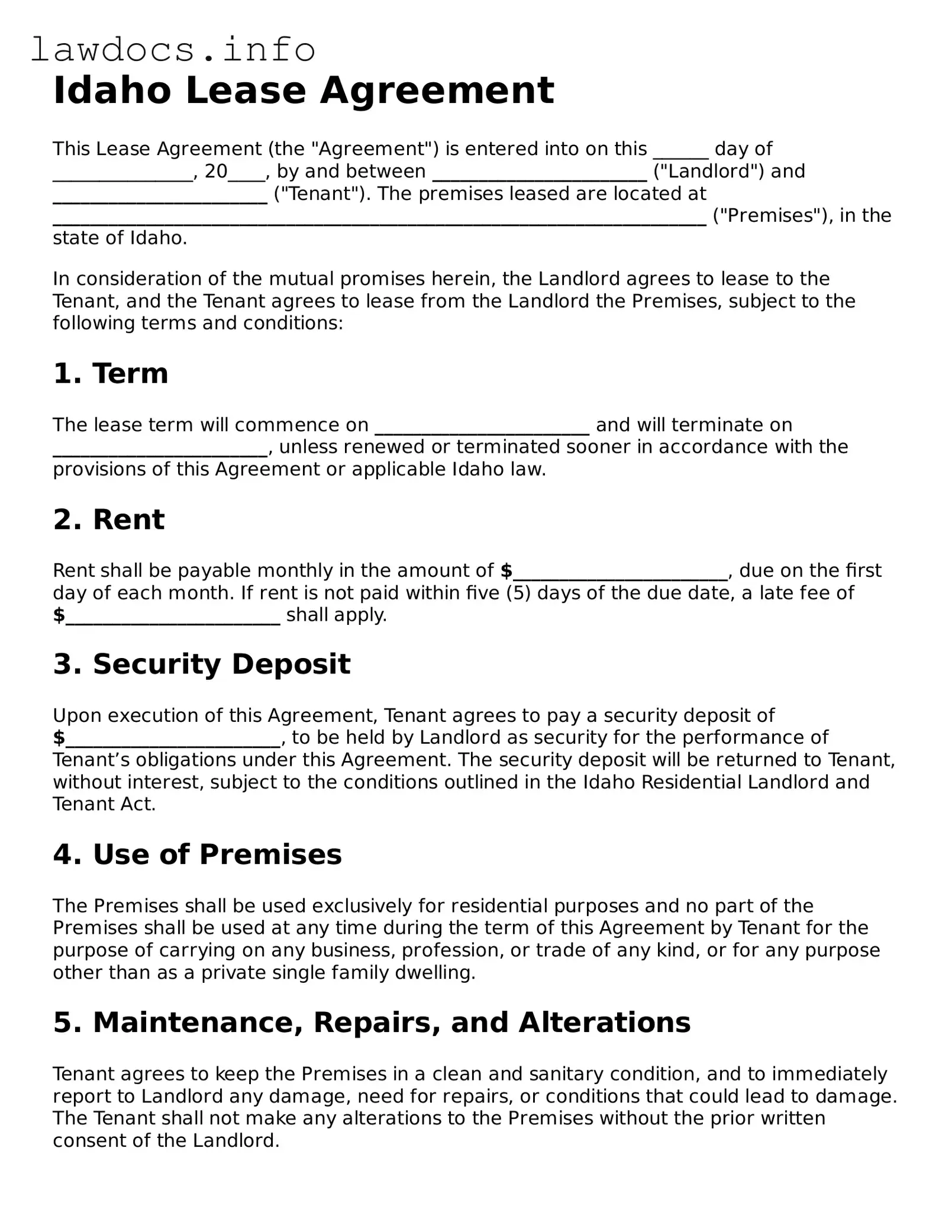 Blank Lease Agreement Template for the State of Idaho