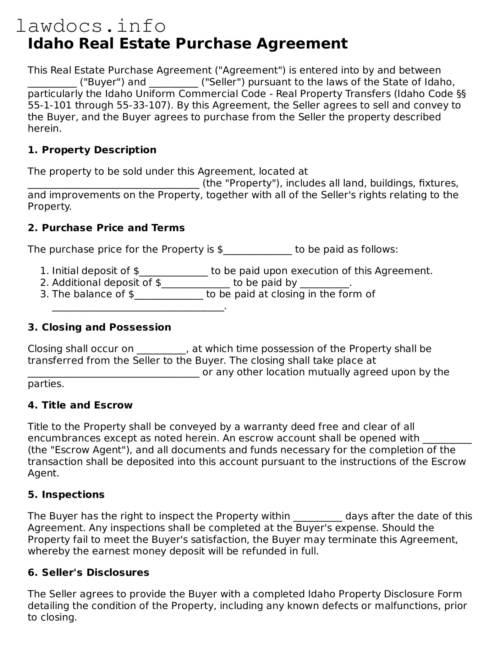 Blank Real Estate Purchase Agreement Template for the State of Idaho