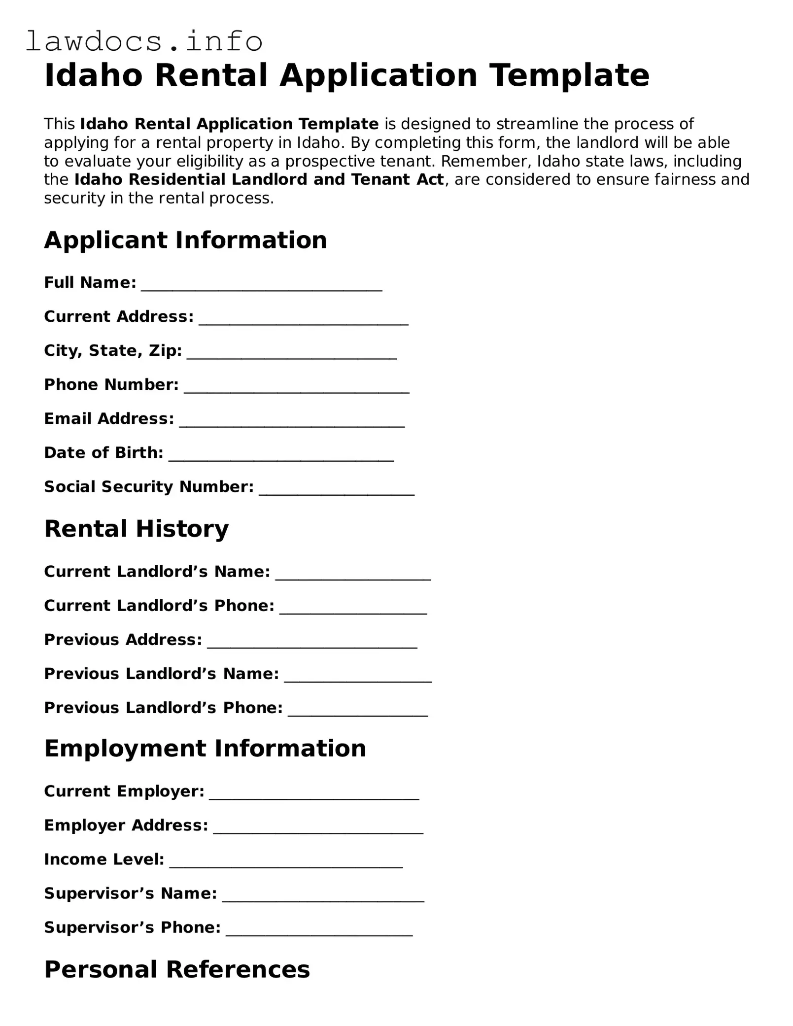 Blank Rental Application Template for the State of Idaho