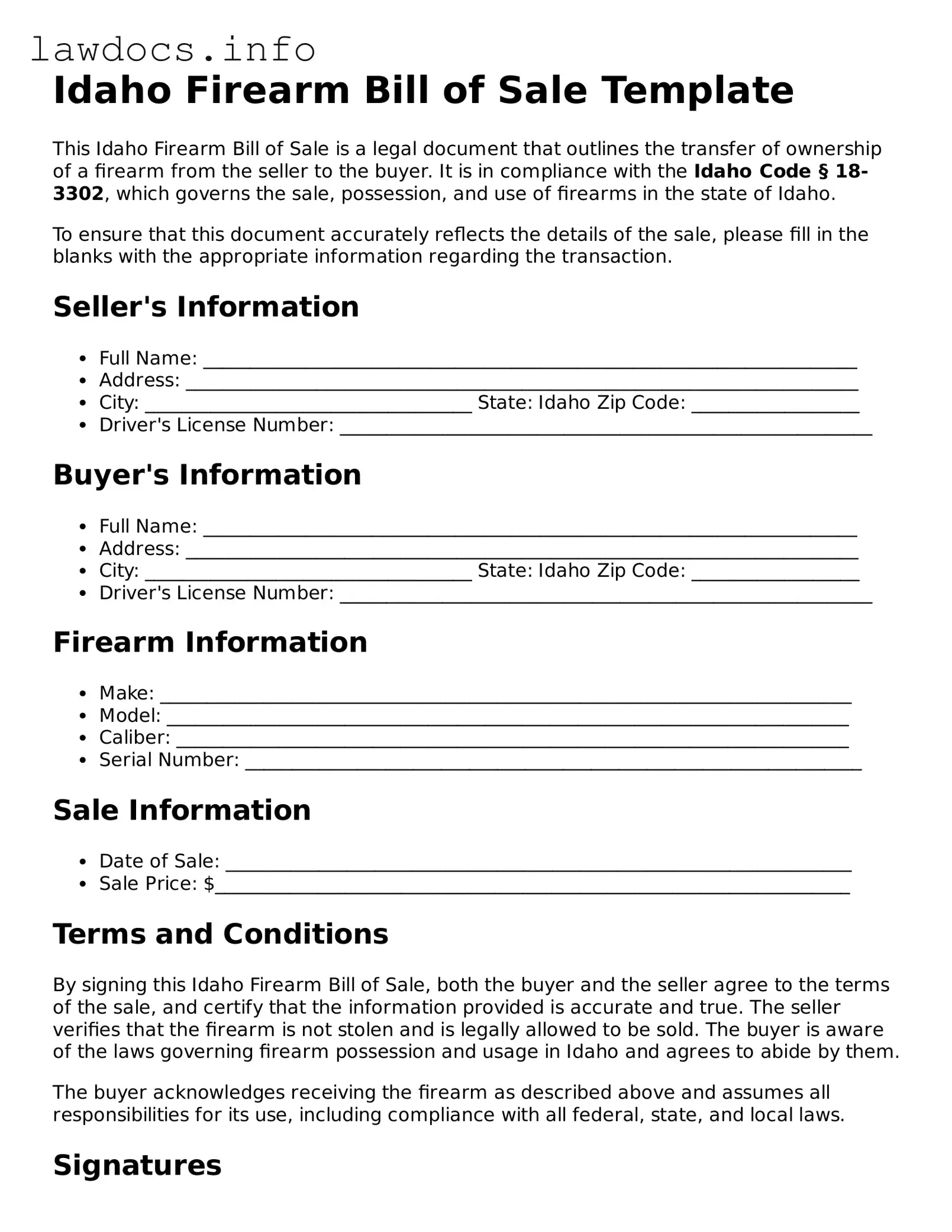 Blank Firearm Bill of Sale Template for the State of Idaho